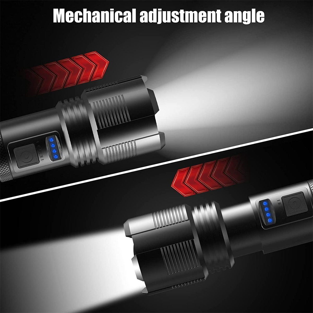 Zwei Taschenlampen zeigen mechanische Winkeleinstellung mit roten Pfeilen.