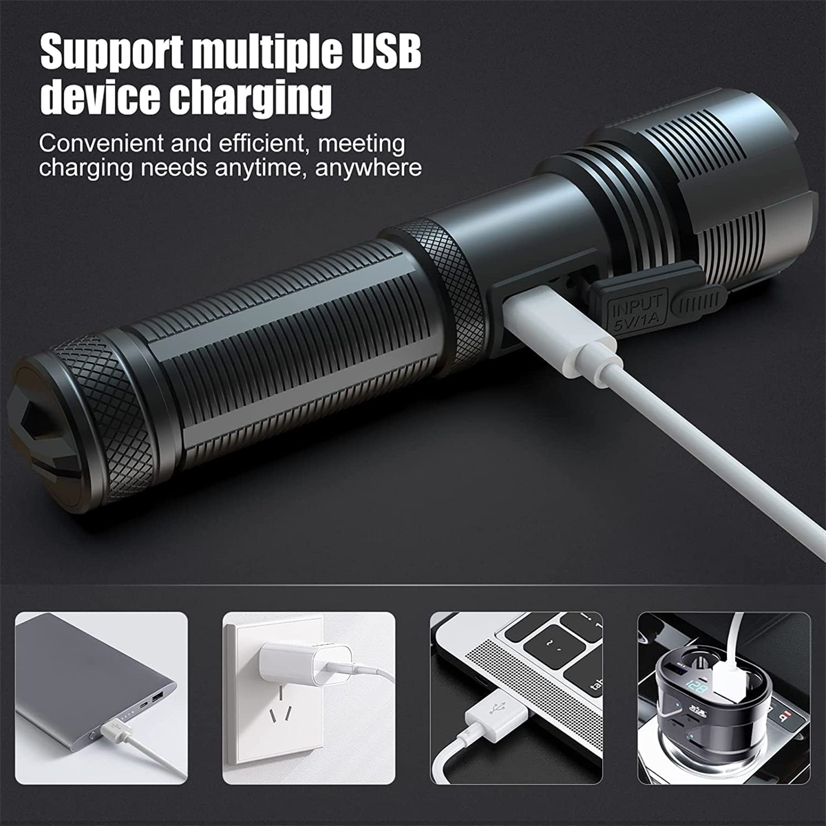 Eine schwarze Taschenlampe mit USB-Ladeanschluss. Es gibt Bilder, die das Aufladen zeigen.