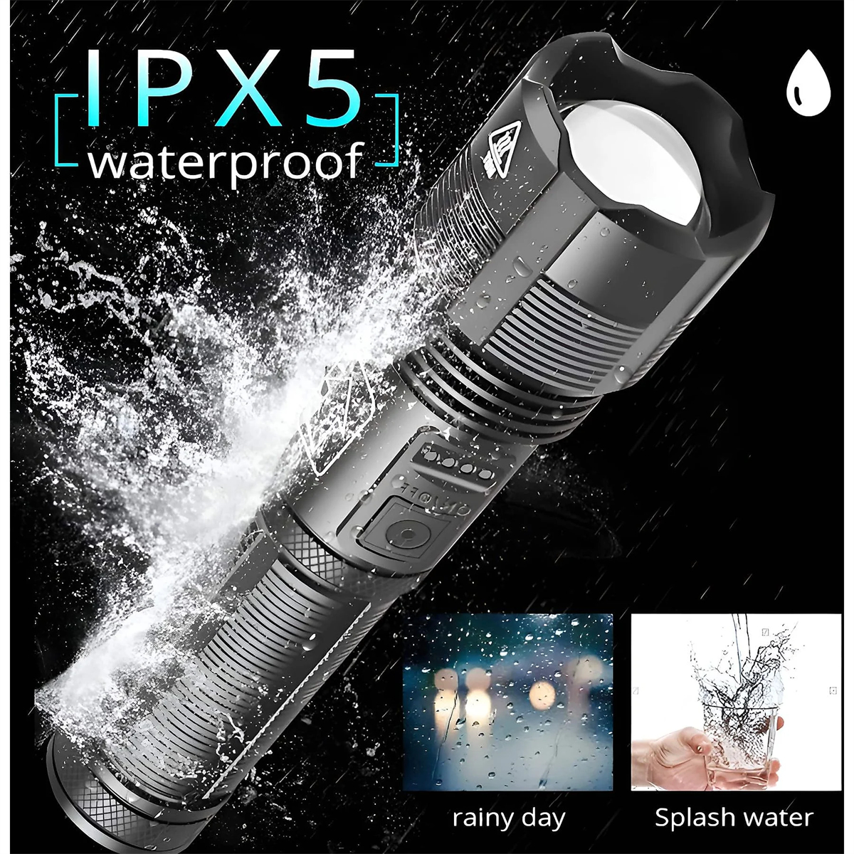 Schwarze Taschenlampe mit Wasserspritzeffekt und IPX5-wasserdichtem Etikett.