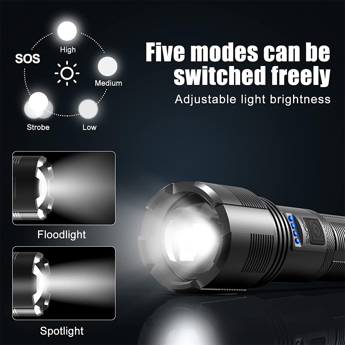 Schwarze Taschenlampe mit fünf Lichtmodi: SOS, Hoch, Mittel, Stroboskop und Niedrig. Zeigt Flutlicht- und Spotlight-Optionen.