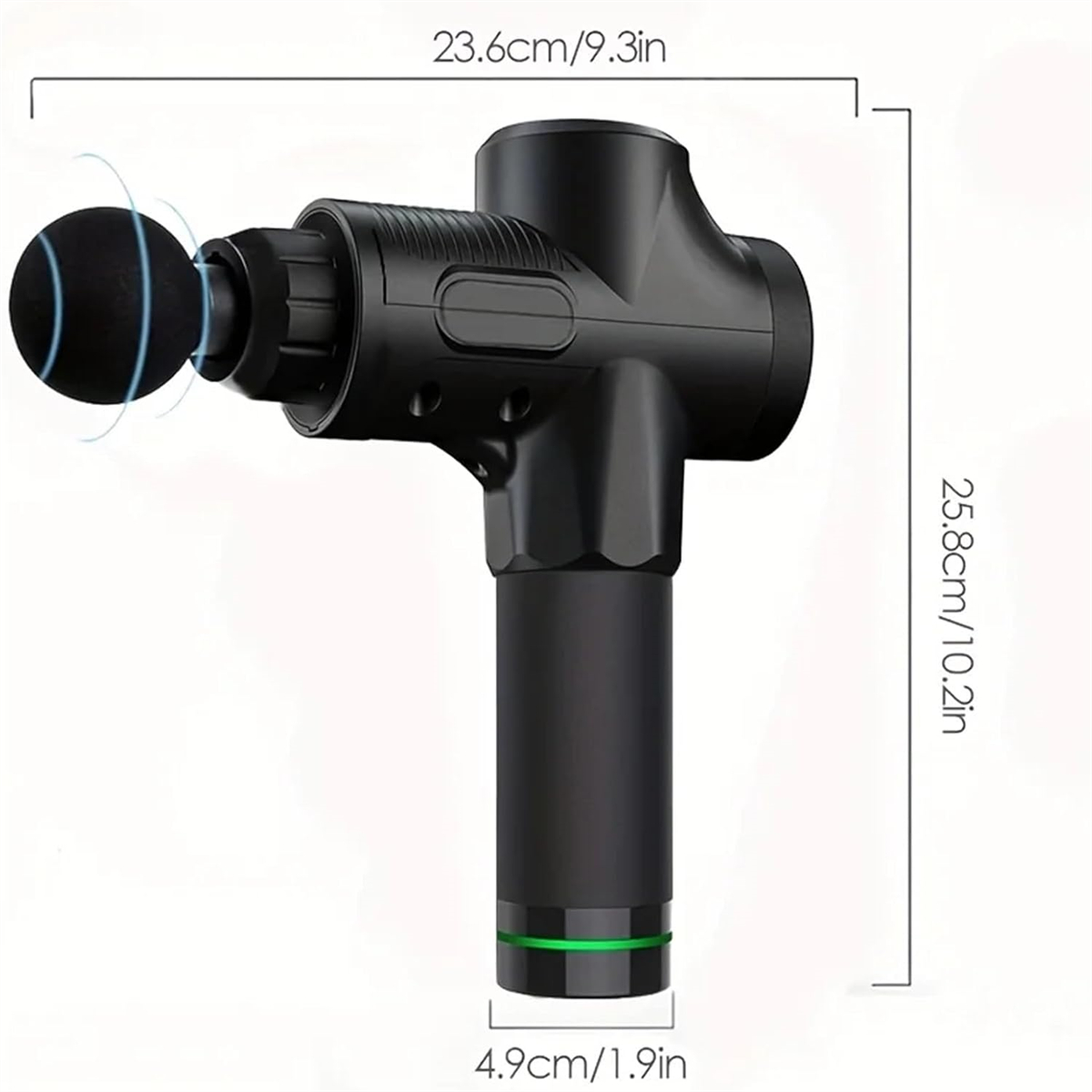 Eine schwarze Massagepistole mit grünem Band unten. Abmessungen sind in cm/Zoll angegeben.