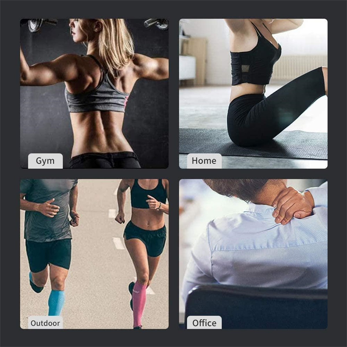 Vier Bilder, die Aktivitäten im Fitnessstudio, zu Hause, im Freien und im Büro zeigen.