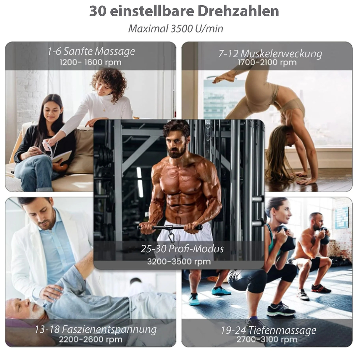Bilder, die verschiedene Aktivitäten zeigen. Text: Massage, Muskelaufweckung, Faszienentspannung, Tiefenmassage.