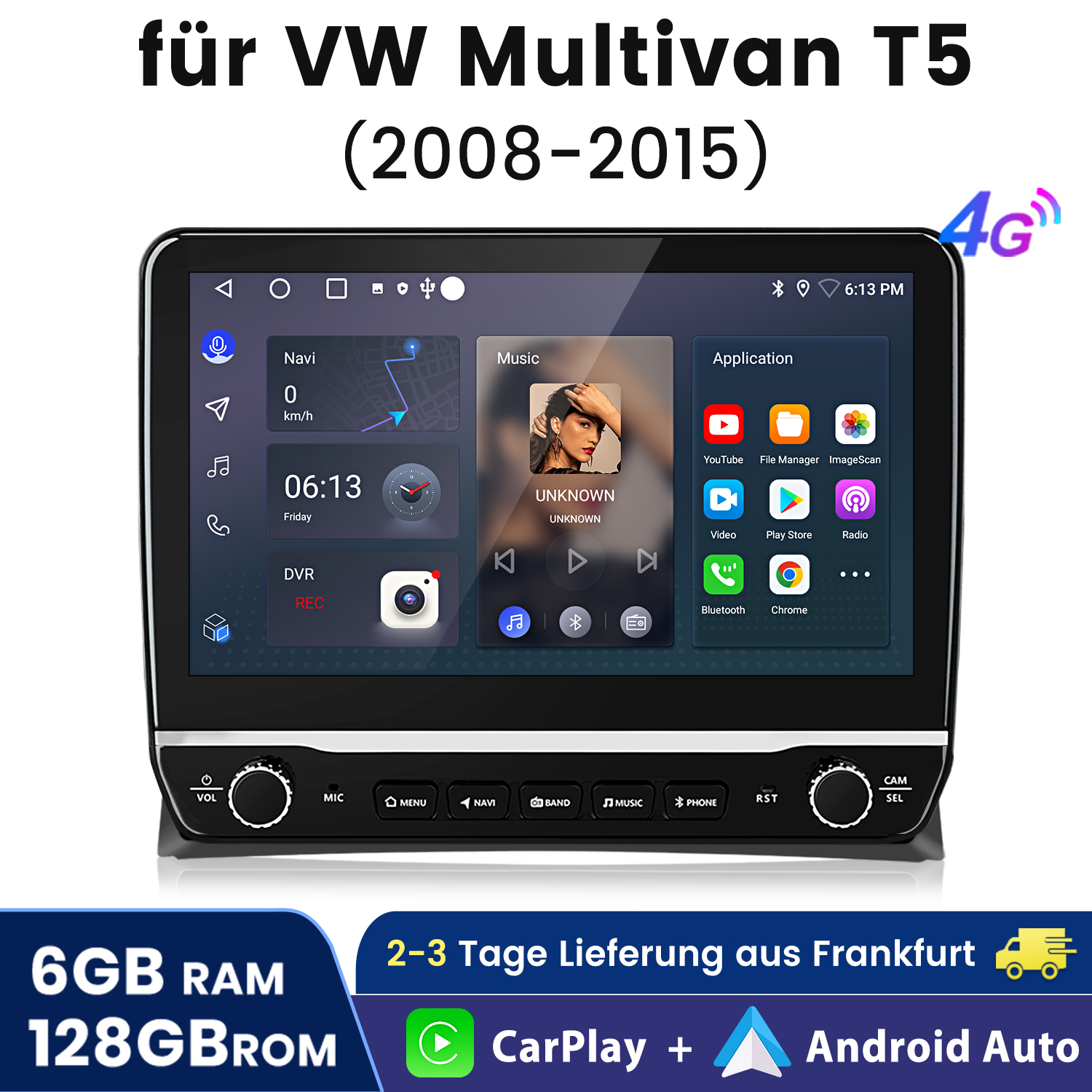Auto-Armaturenbrett mit Bildschirm, der Musik und Navigation zeigt. Text oben.