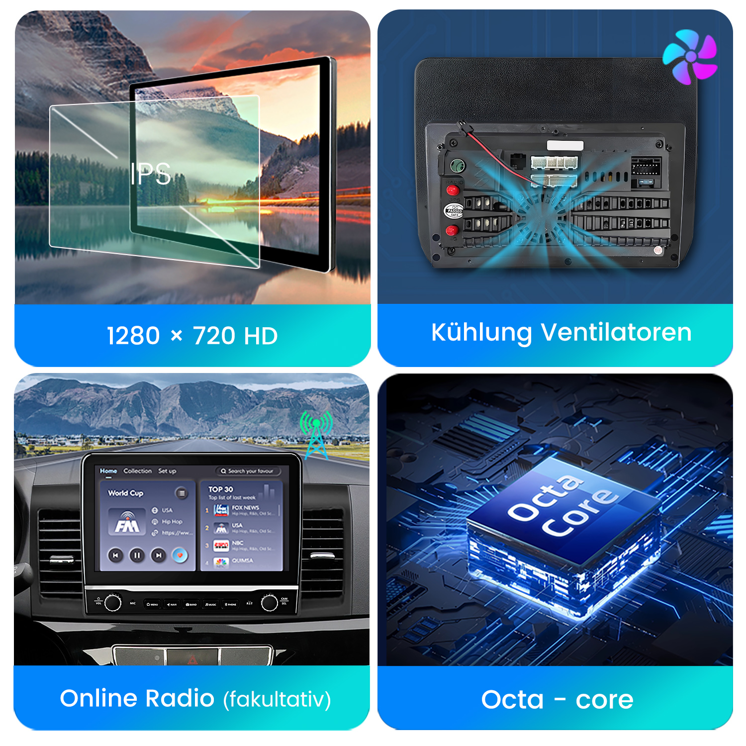 Vier Bilder: ein Bildschirm mit Landschaft, ein Autoradio mit Bildschirm, ein Autoradio und ein Computerchip.