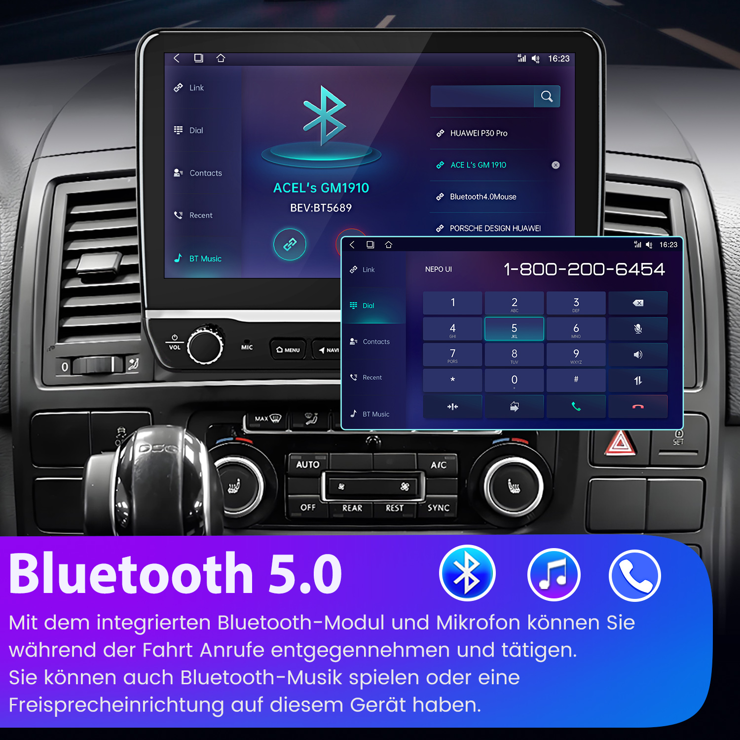 Autarmaturenbrett-Bildschirm mit Navigations-, Telefon- und Musikoptionen.