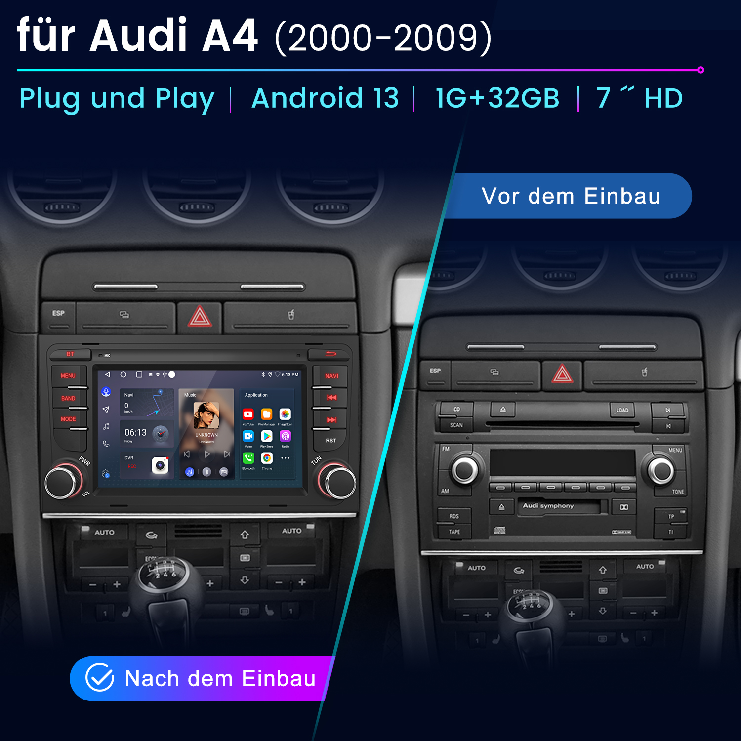 Samochodowy system stereo. Dwa obrazy pokazujące przed i po instalacji w Audi A4. Czarna deska rozdzielcza.