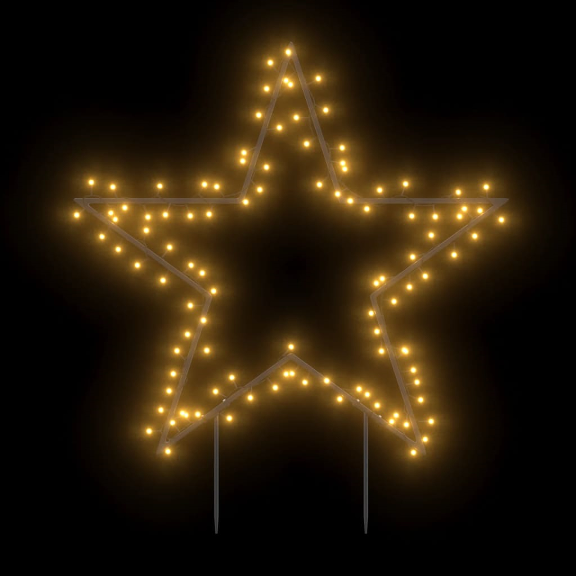 Sternförmige Weihnachtsbeleuchtung, gelbes Leuchten, schwarzer Hintergrund, Metallrahmen.
