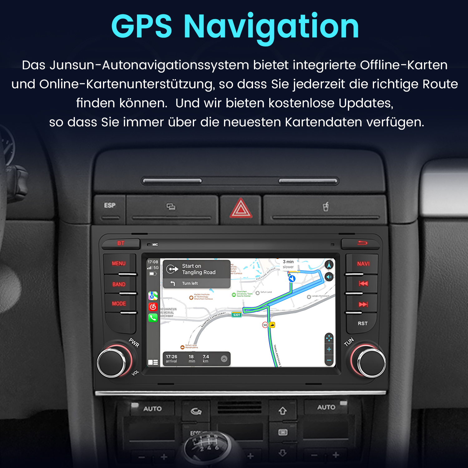 Radio samochodowe pokazujące nawigację GPS. Ekran wyświetla mapę z trasą i kontrolkami nawigacji.