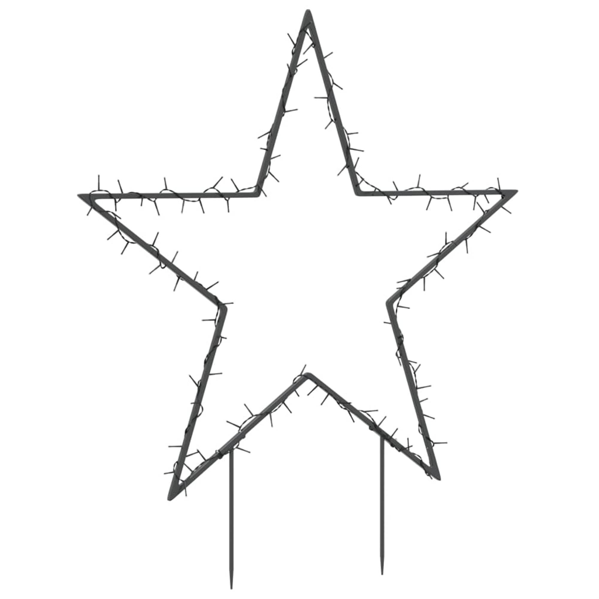 Sternförmige Dekoration mit Lichtern. Metallrahmen, weiße Lichter. Für den Außenbereich, steht auf Pfählen.