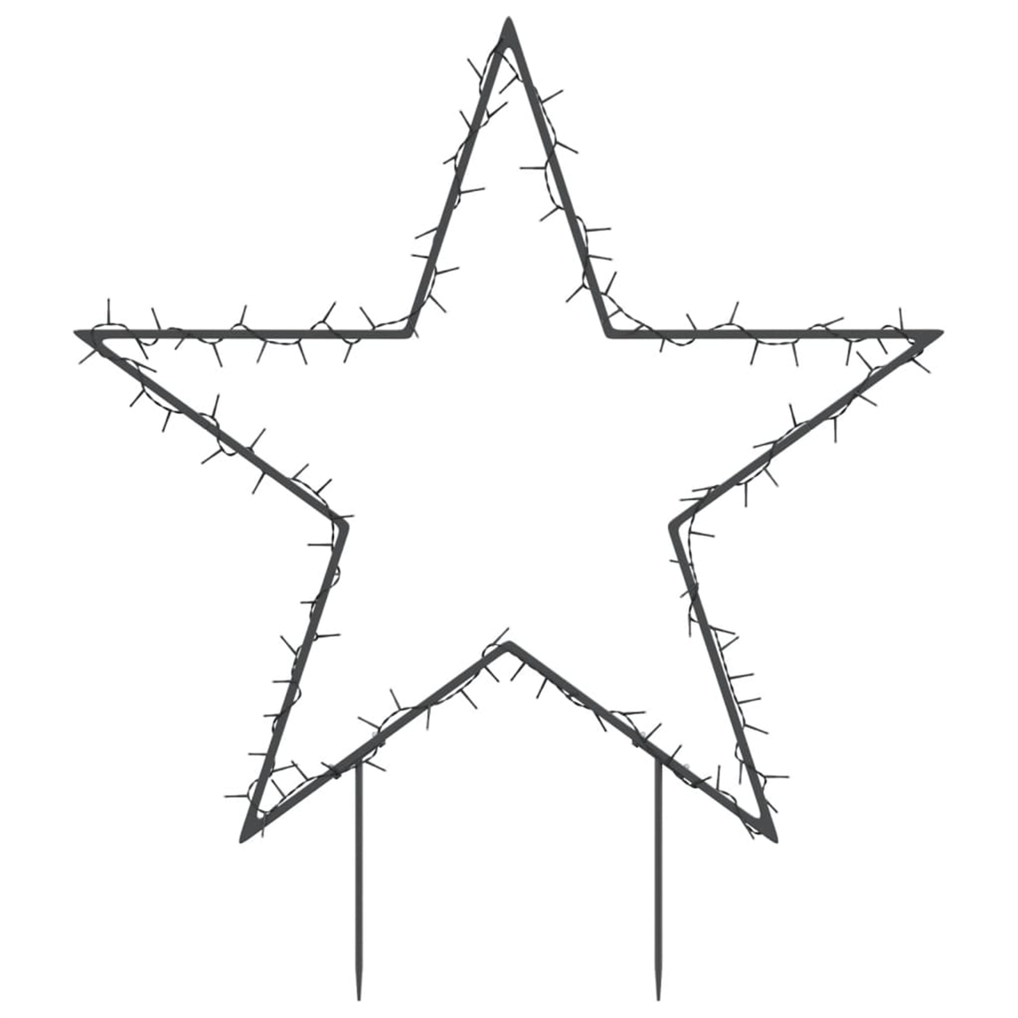 Große Stern-Dekoration mit Lichtern. Metallrahmen mit weißen Lichtern. Zwei Pfähle unten.