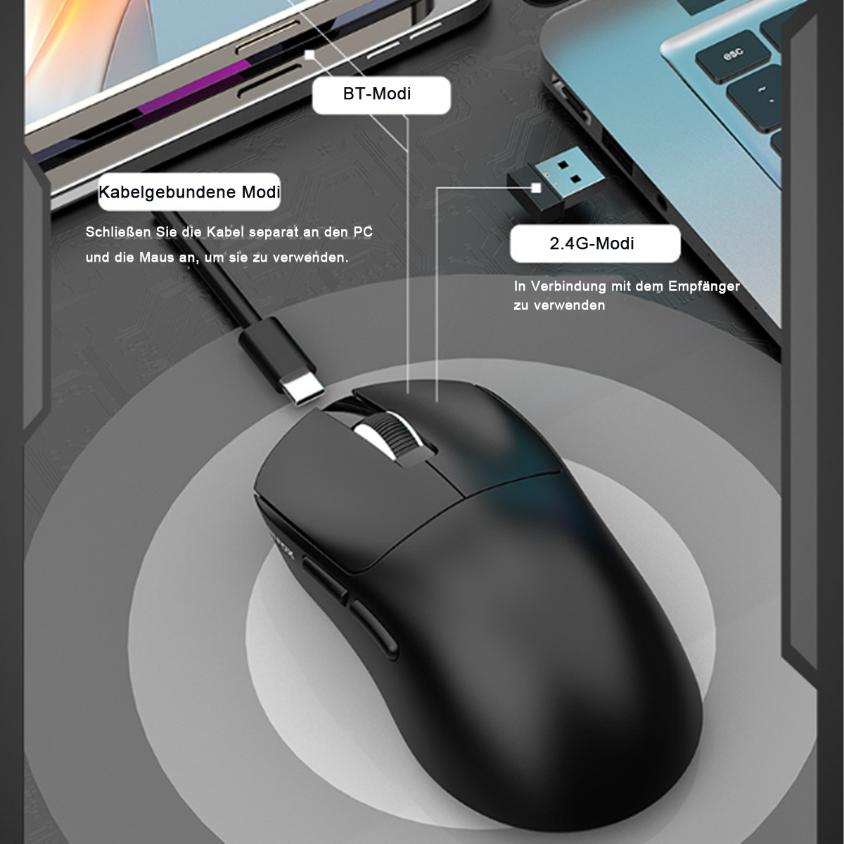 Eine schwarze Computermaus mit Text über ihre Funktionen, neben einem USB-Empfänger.