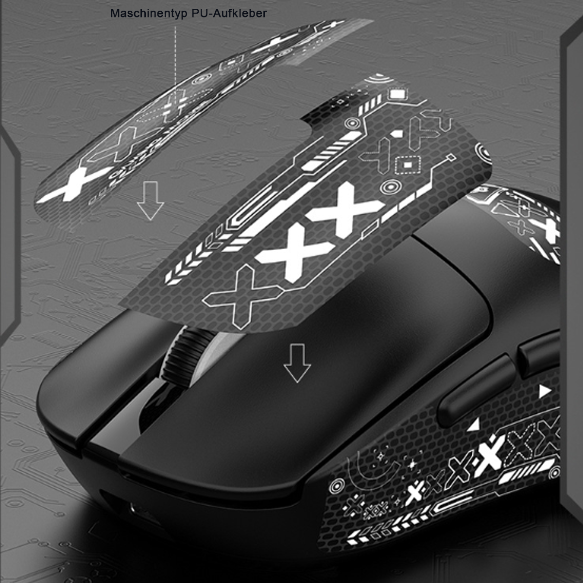 Schwarze Gaming-Maus, auf die ein Aufkleber angebracht wird. Der Aufkleber hat weiße Grafiken.