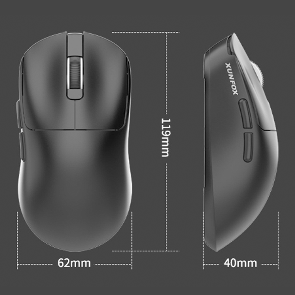 Eine schwarze Maus mit Abmessungen in mm. Zwei Seitentasten, ein Scrollrad und eine obere Taste sind sichtbar.