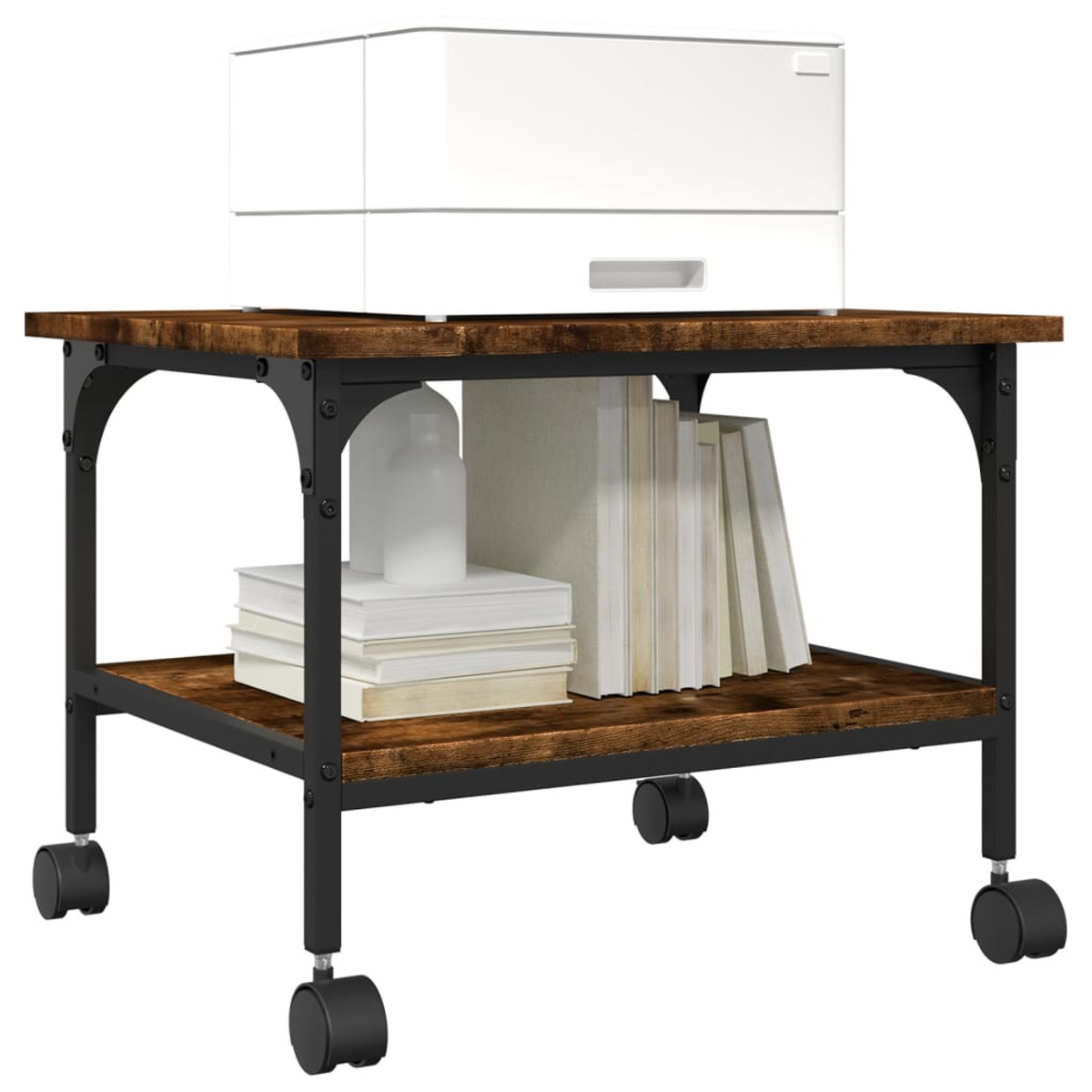 Kleiner brauner Tisch mit Drucker, Büchern und Flaschen oben, auf Rollen.