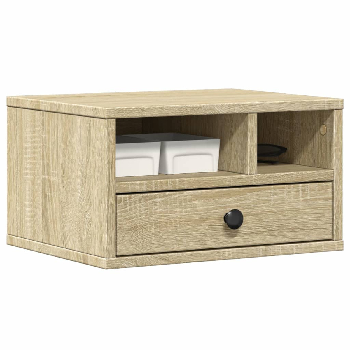 Nachttisch aus Holz mit Schublade und offenem Fach mit weißen Behältern.