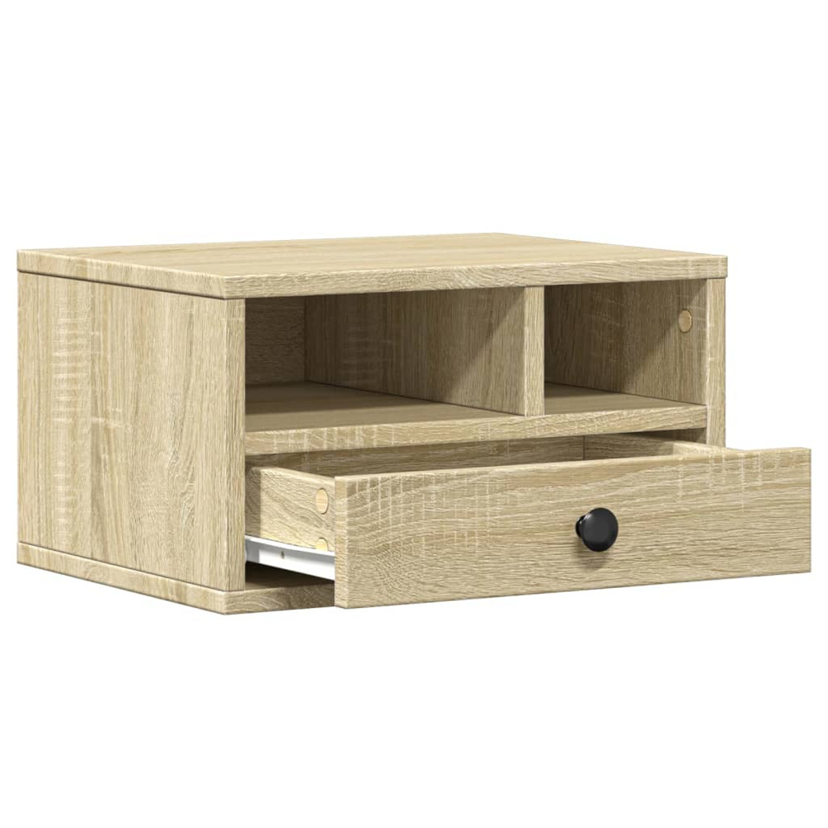 Holzaufbewahrungseinheit mit zwei Regalen und einer geöffneten Schublade. Es ist hellbraun.