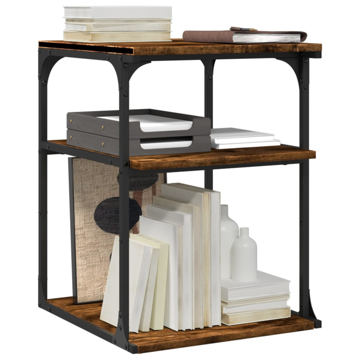 Holz-Beistelltisch mit drei Ebenen, Gegenstände: Bücher, Papiere und Dekorationen.