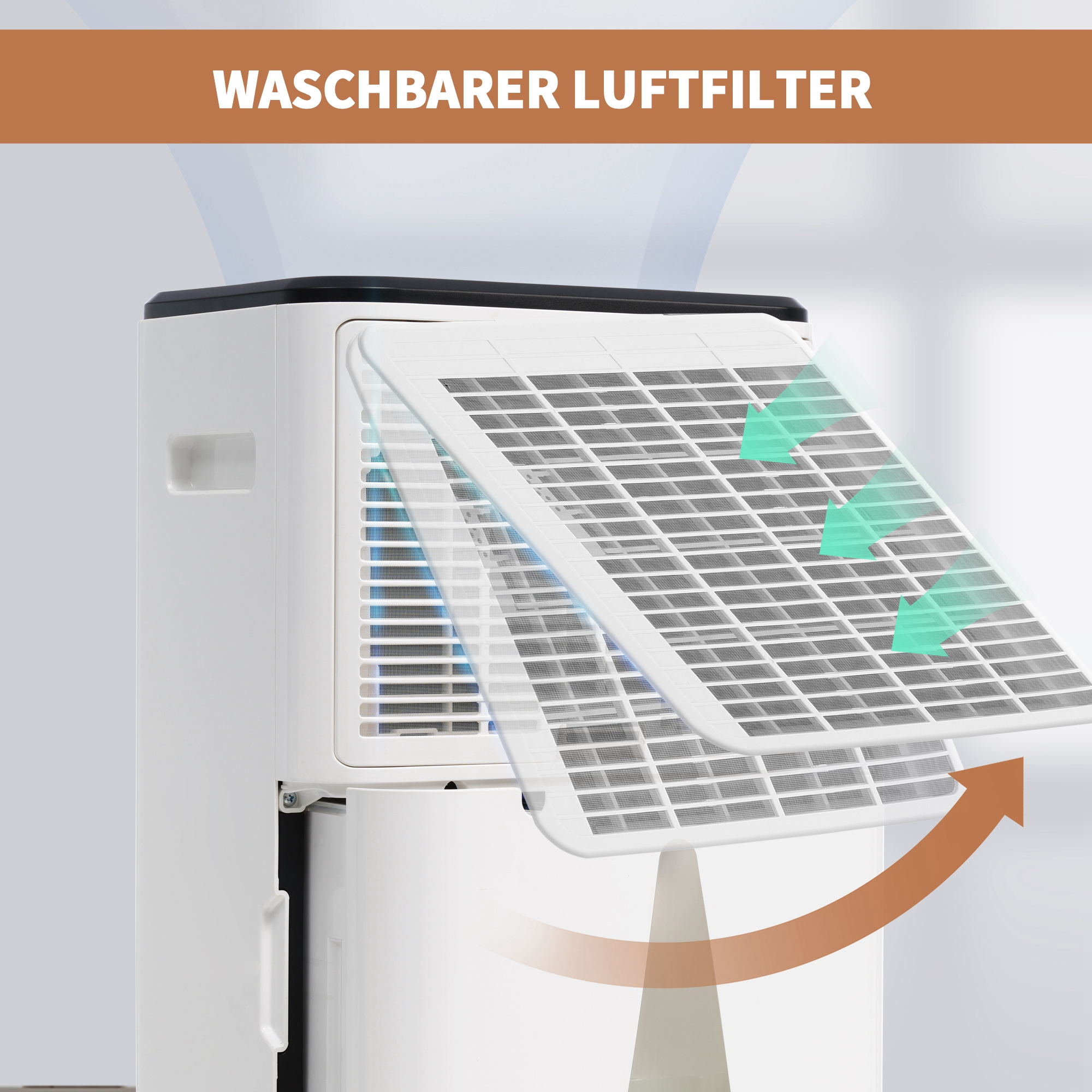 Luftfilter mit herausgenommenem Filter. Der Filter ist weiß, das Gerät ebenfalls.