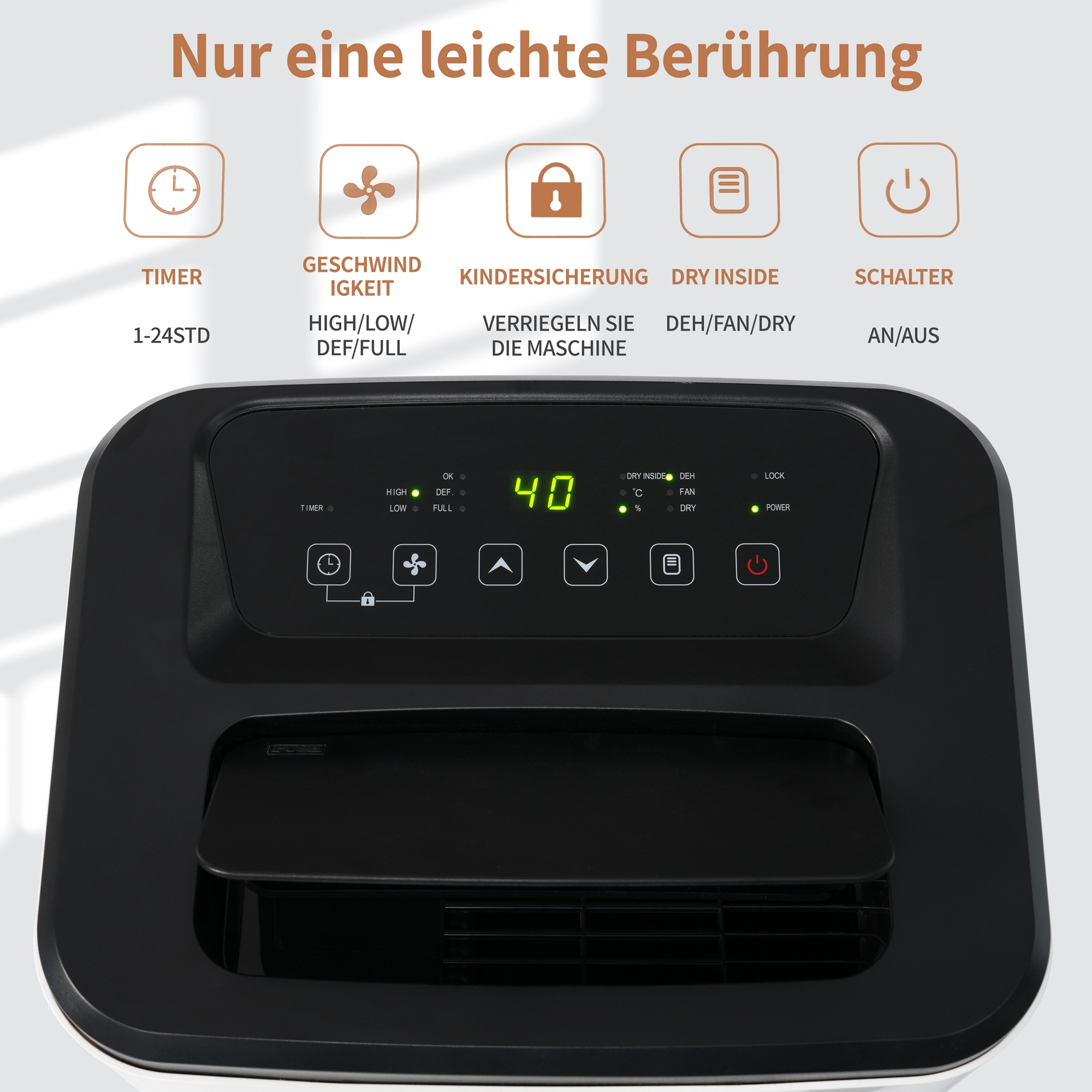 Ein weißes Bedienfeld mit digitaler Anzeige, die die Zahl 40 zeigt.