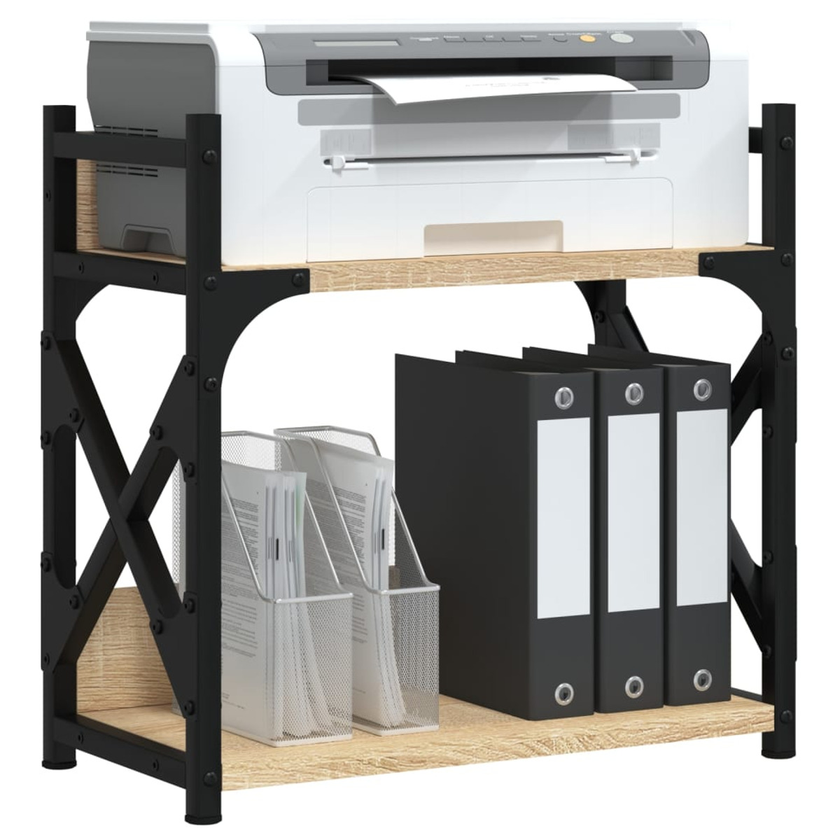 Ein Drucker auf einem schwarzen Metallregal mit Büromaterial. Metall-Aktenhalter und schwarze Ordner sind sichtbar.