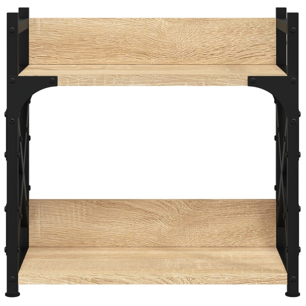 Holzregale mit schwarzem Metallrahmen. Die Regale sind hellbraun, der Rahmen ist schwarz. Weißer Hintergrund.