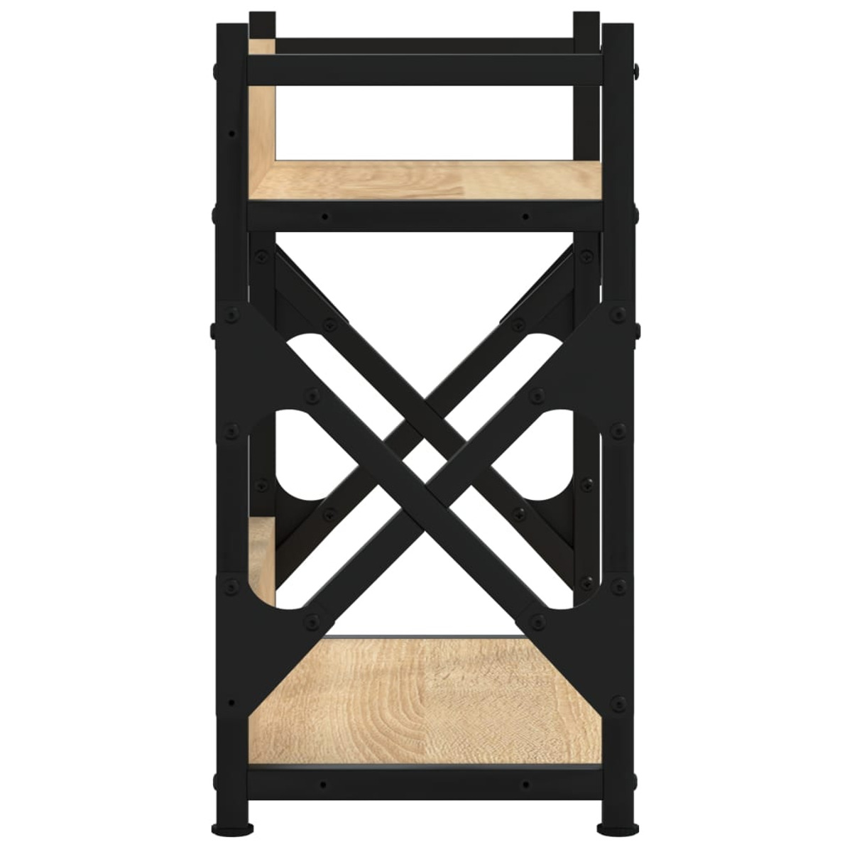 Schwarzes und holzfarbenes Regal, Metallrahmen mit X-Design an den Seiten. Einfache Struktur.