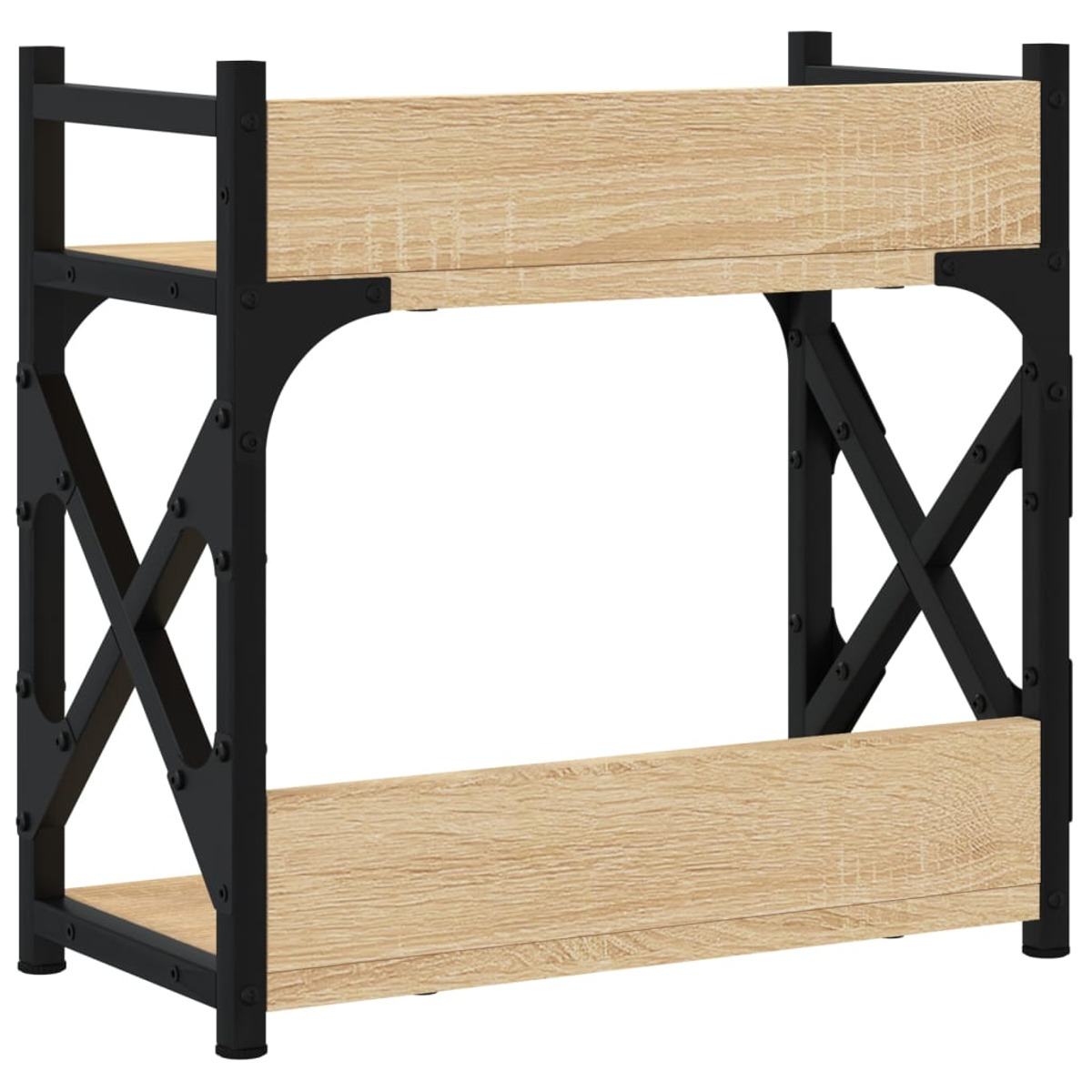 Ein zweistöckiges Regal mit schwarzem Metallrahmen und Holzregalen. Das Design ist industriell.
