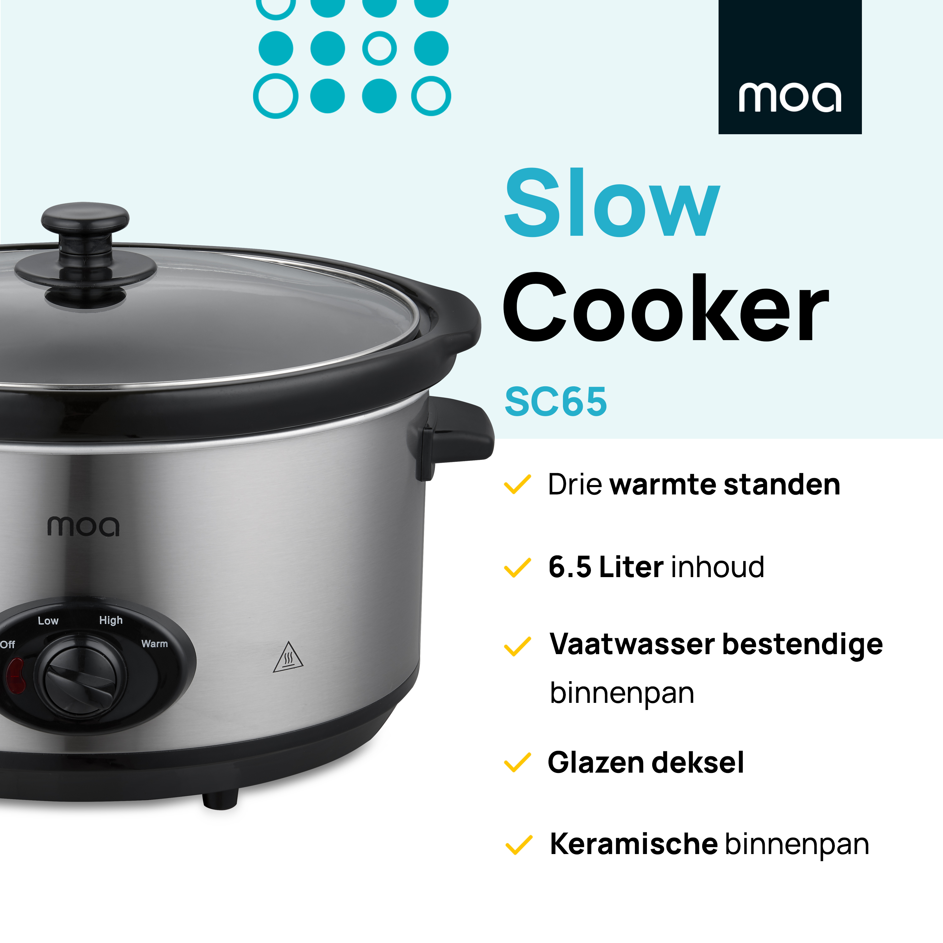 Zilveren slowcooker met glazen deksel en bedieningsknop, tekst erboven.
