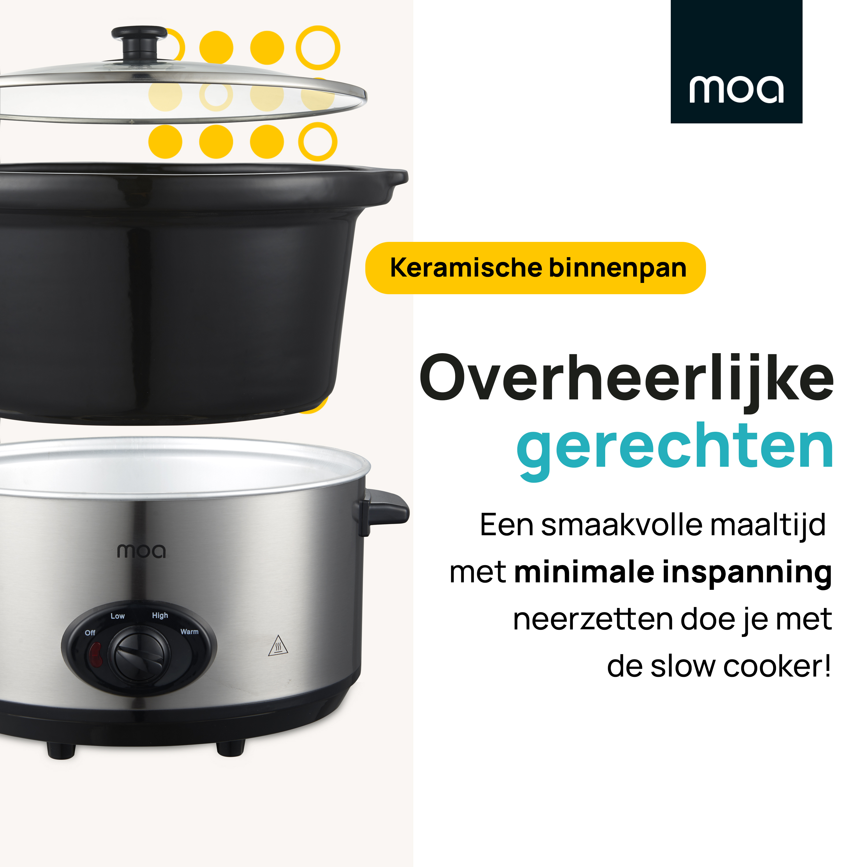 Zilveren slowcooker met zwart deksel. Tekst: 'Overheerlijke gerechten'.