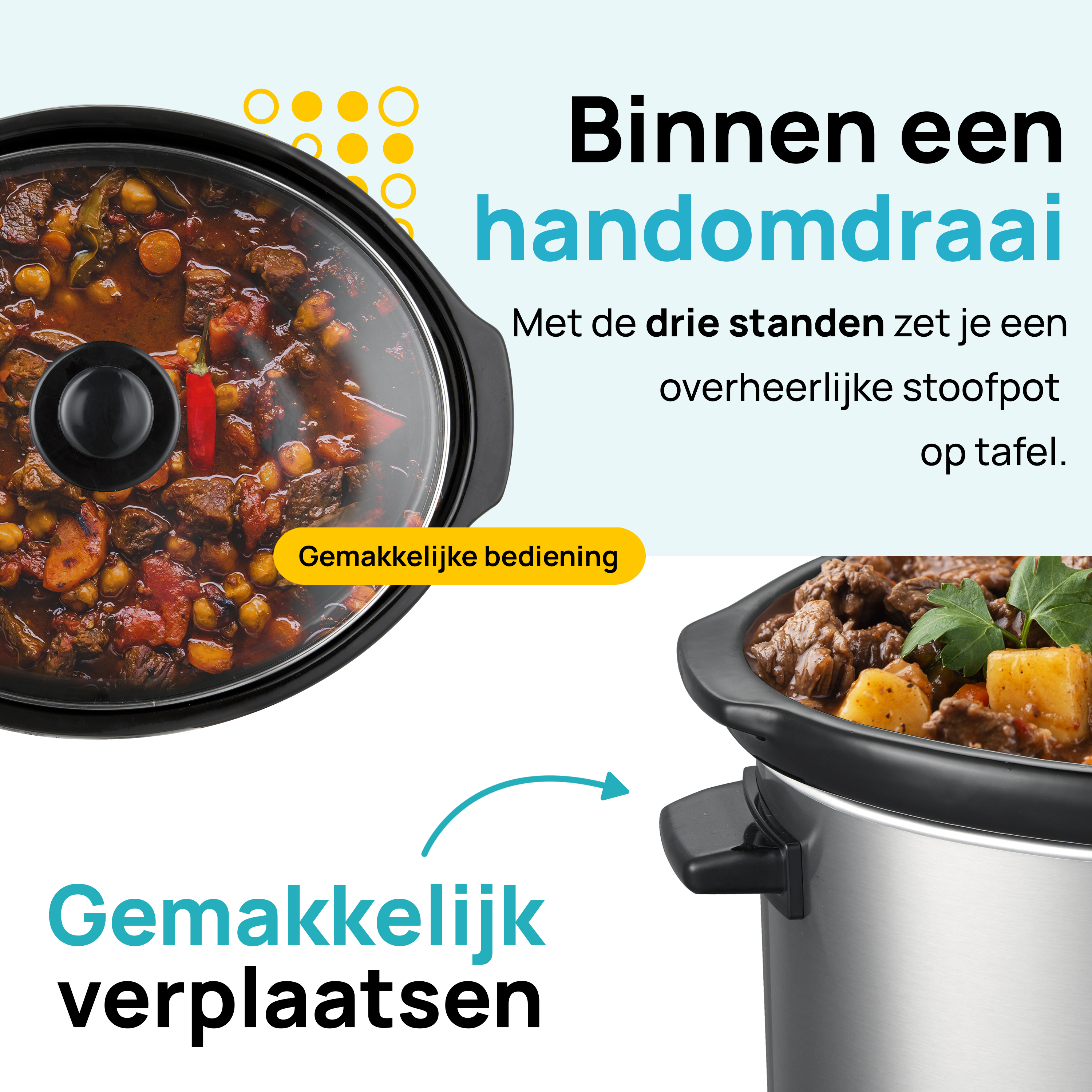 Slowcooker met stoofpot, zwart deksel, gemakkelijk te verplaatsen en eenvoudig te bedienen.