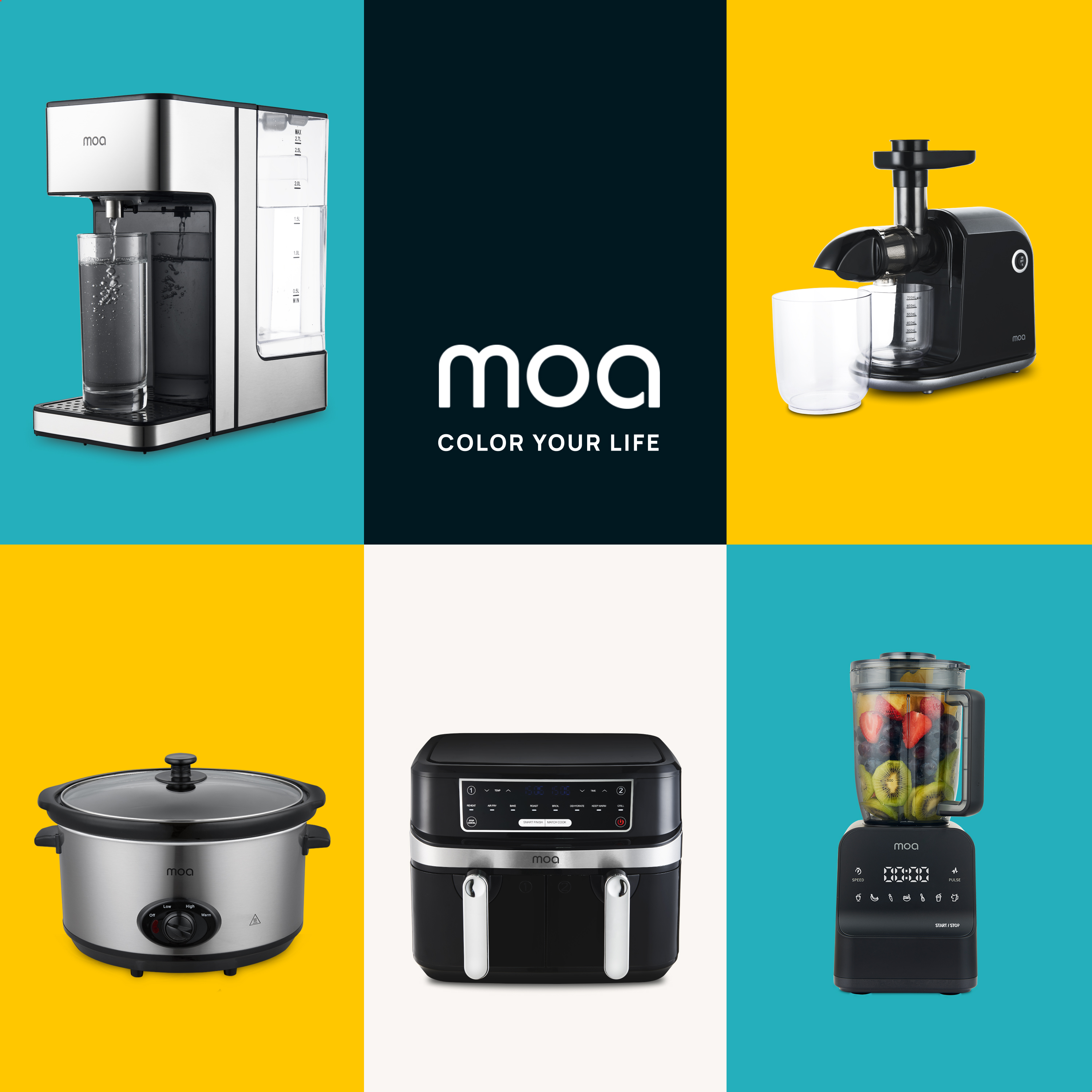 Een collage van moa merk keukenapparatuur: een waterdispenser, een sapcentrifuge, een slowcooker, een airfryer en een blender.