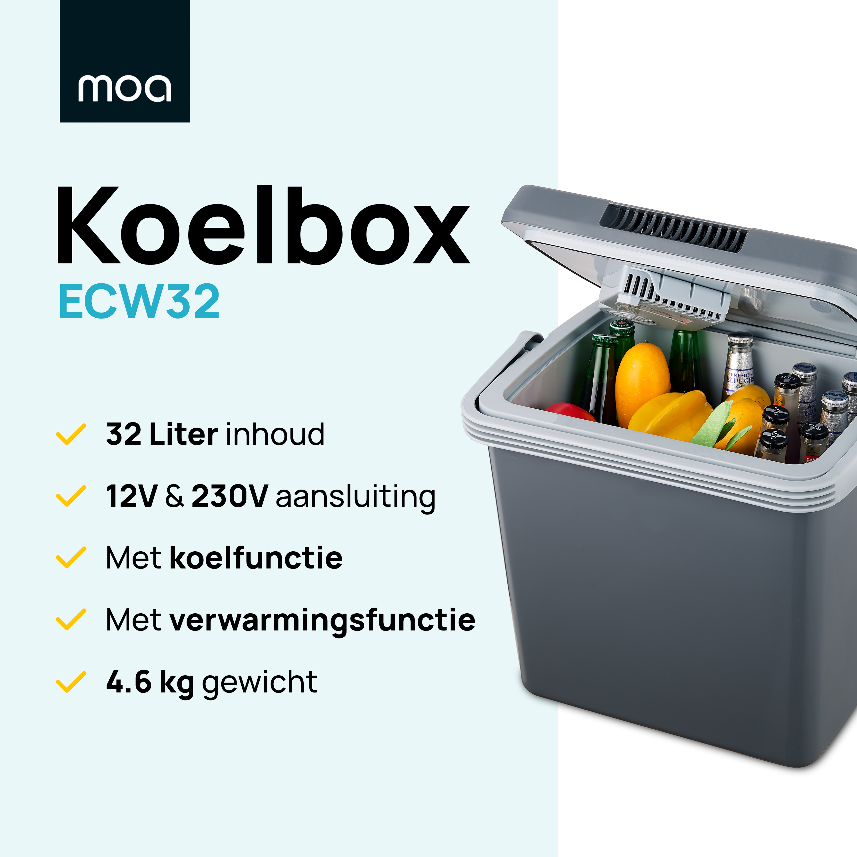 Grey and black cooler with text. Lists features like 32L capacity, and heating.