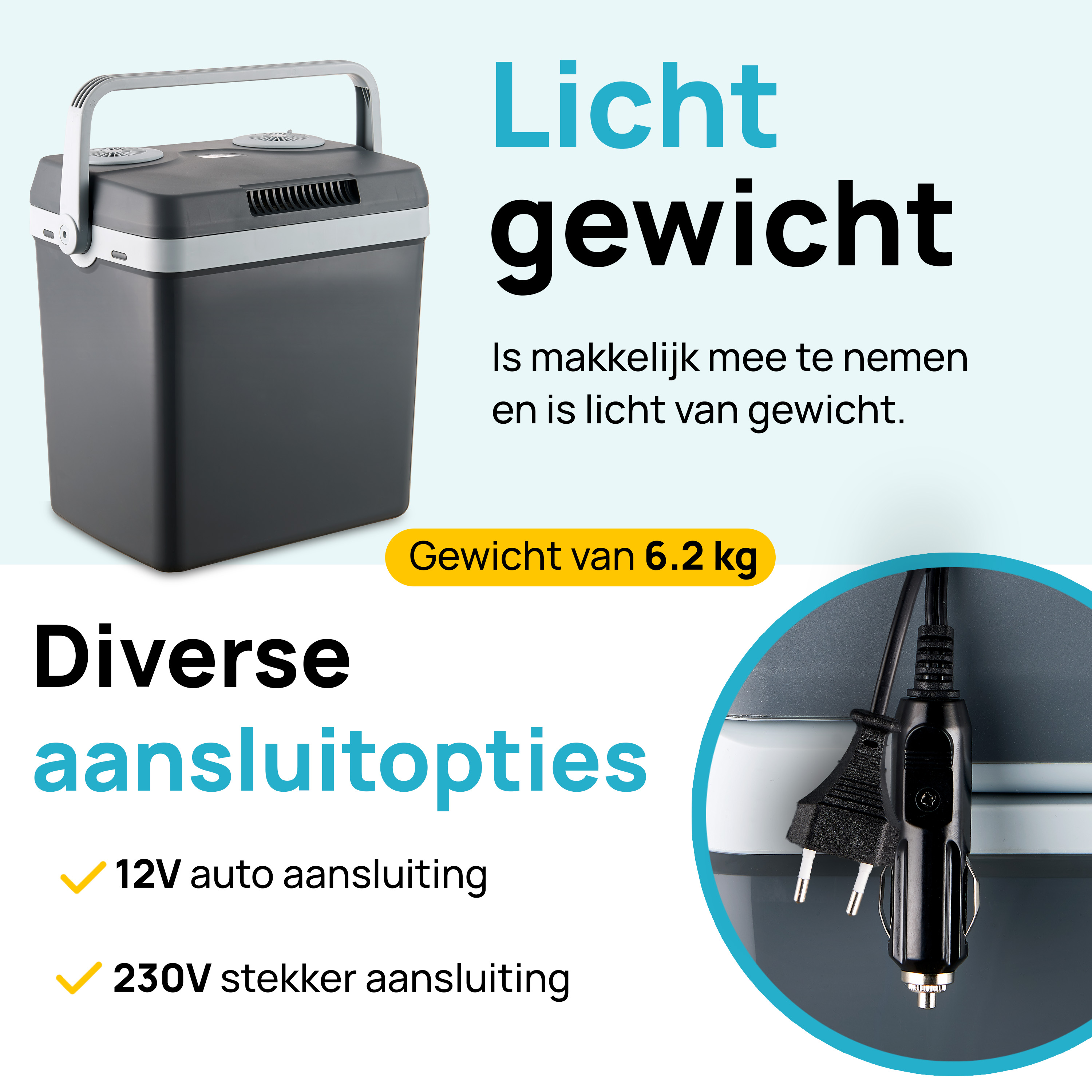 Grey mini fridge with text about its lightweight design and multiple connection options.