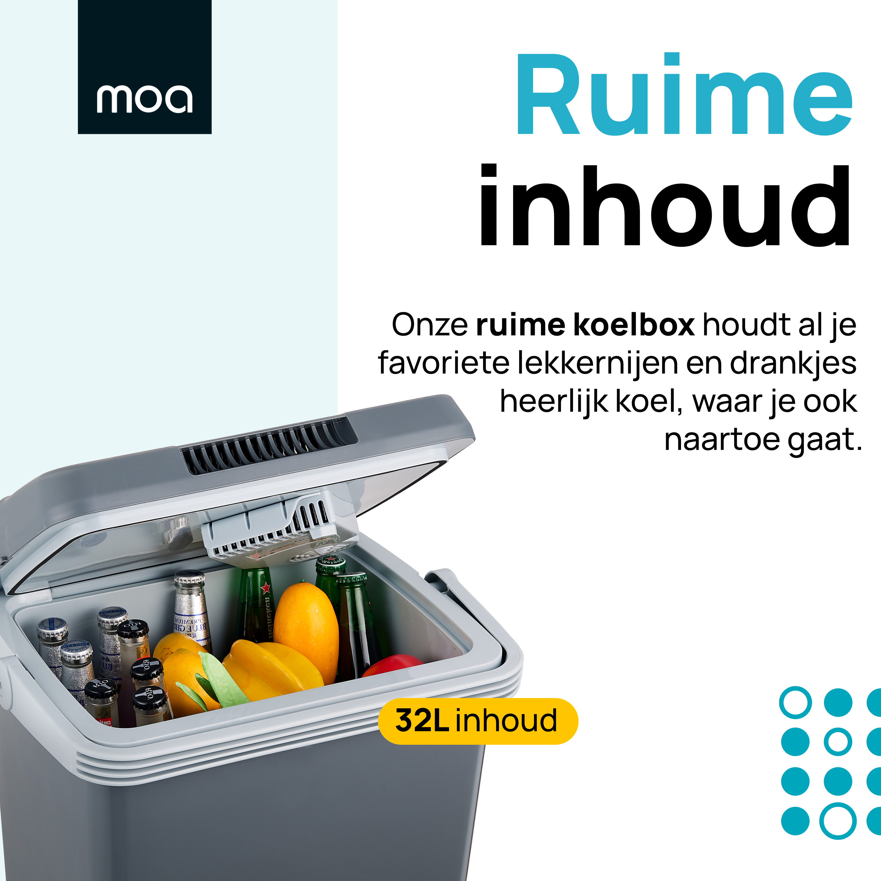 Open cooler with drinks, fruits, and text. The cooler is gray, and the text is in Dutch.