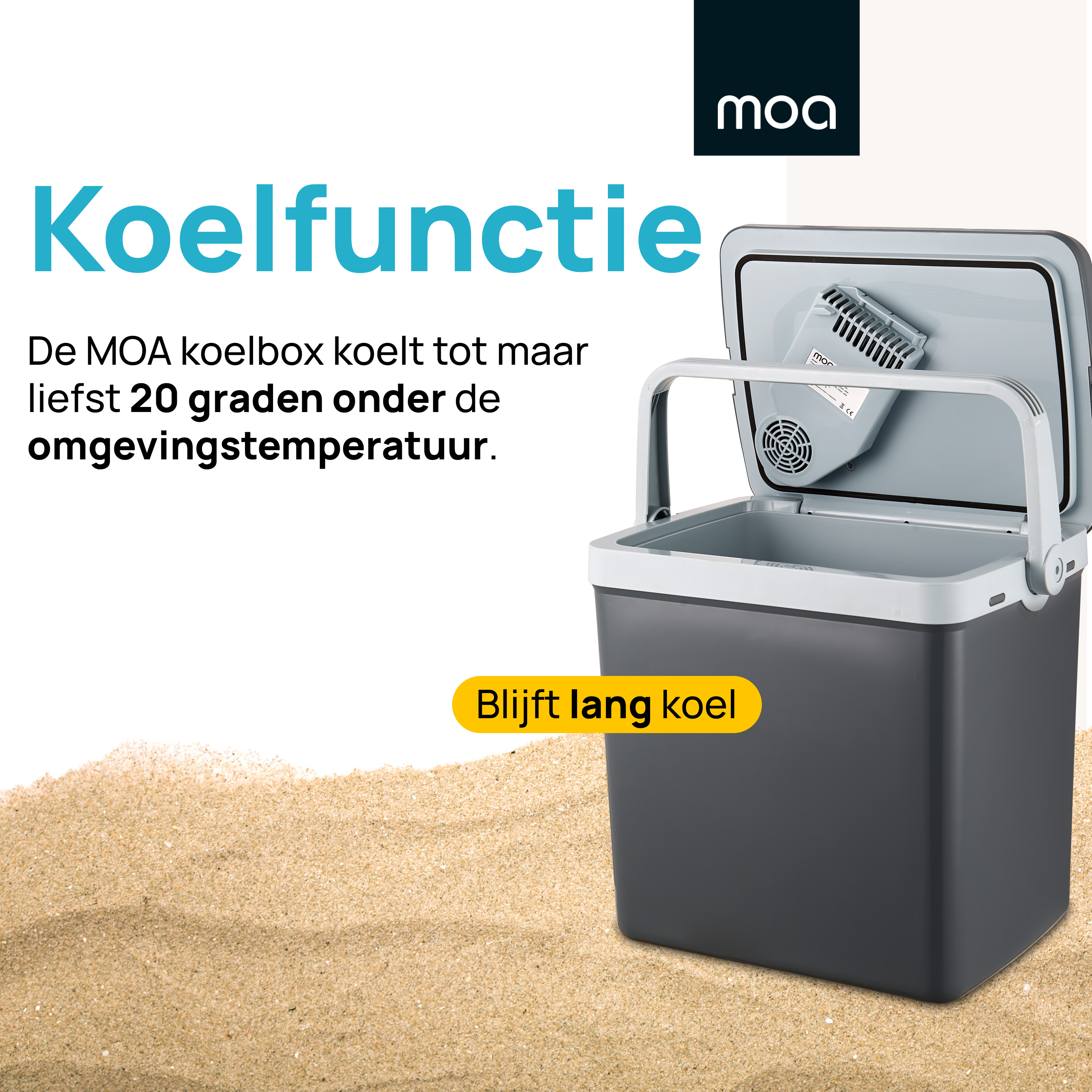 Black and gray cooler on sand. Text states the cooler keeps cool up to 20 degrees below ambient temperature.