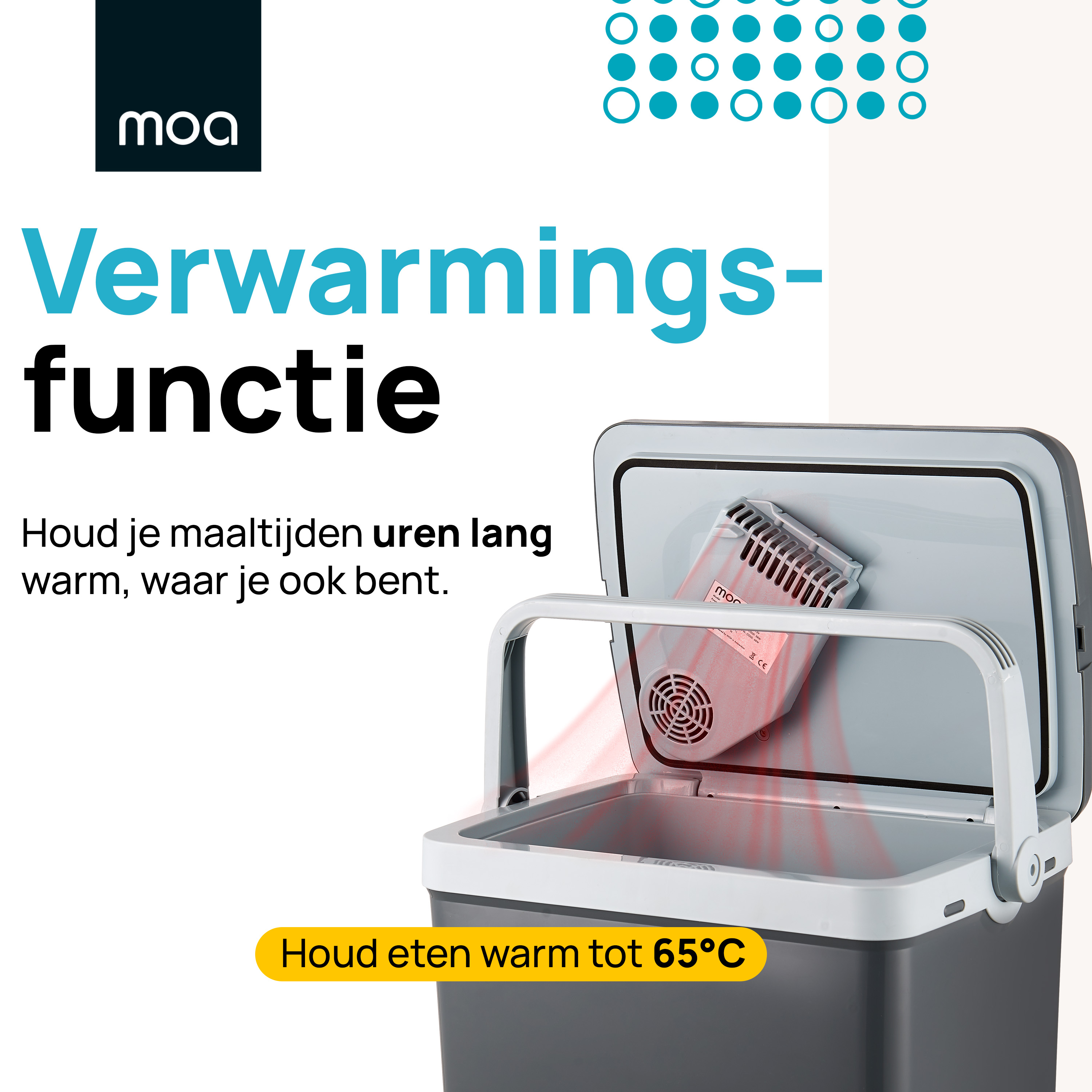 Cooler with text in Dutch. It keeps food warm. A fan is inside.