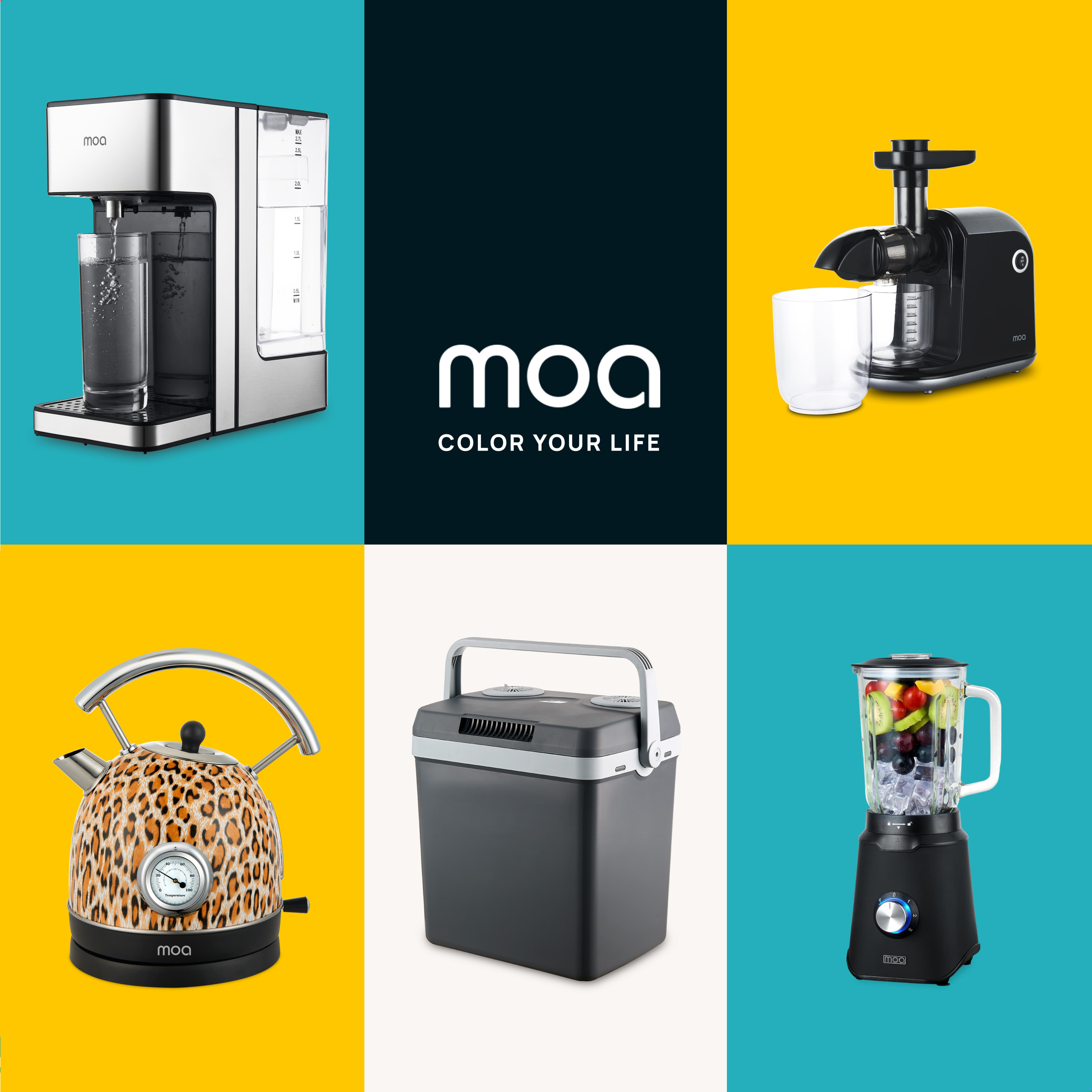 Moa brand appliances: water filter, juicer, kettle, cooler, and blender.