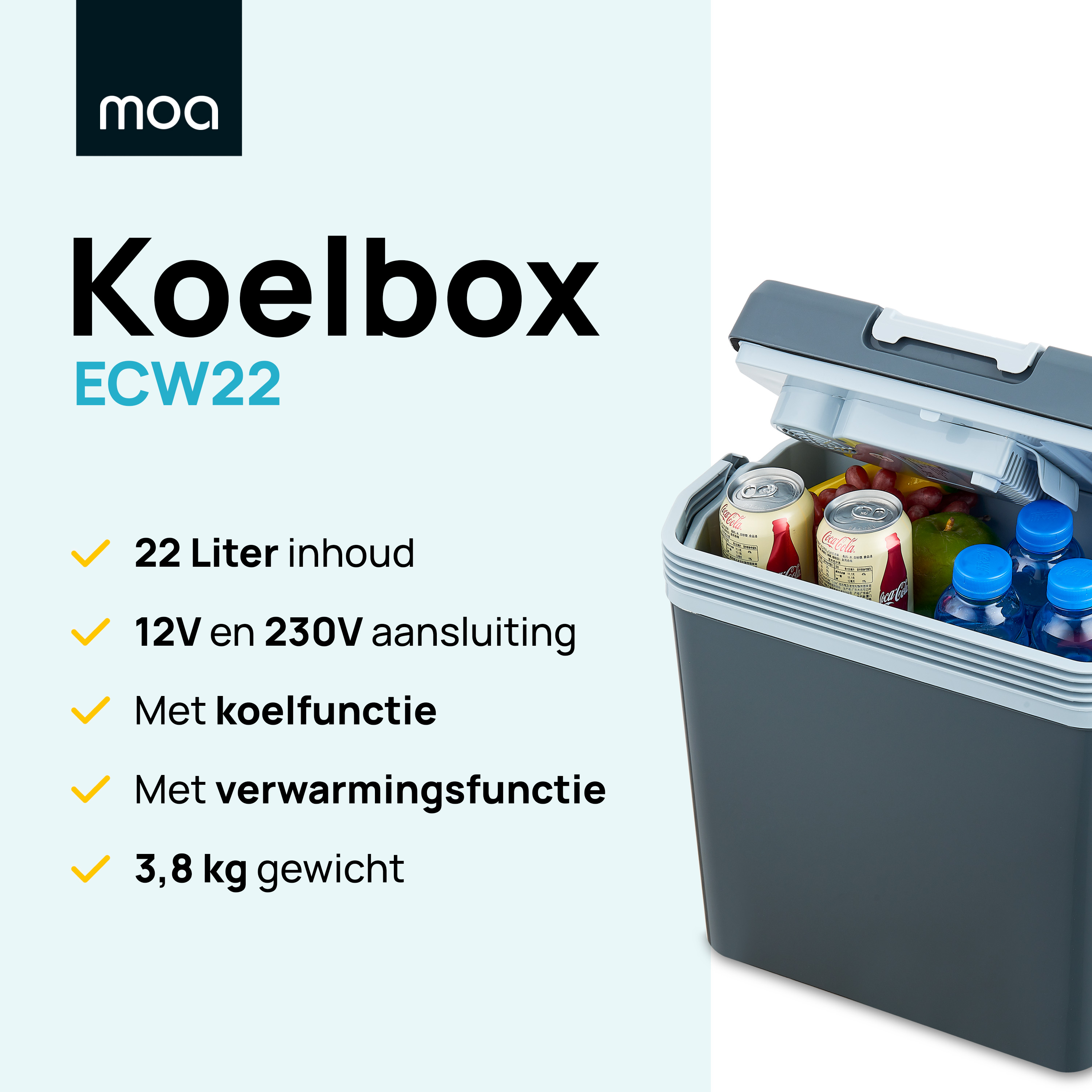 Moa cooler box with text: '2 Liter', '12V & 230V', cooling and heating function.