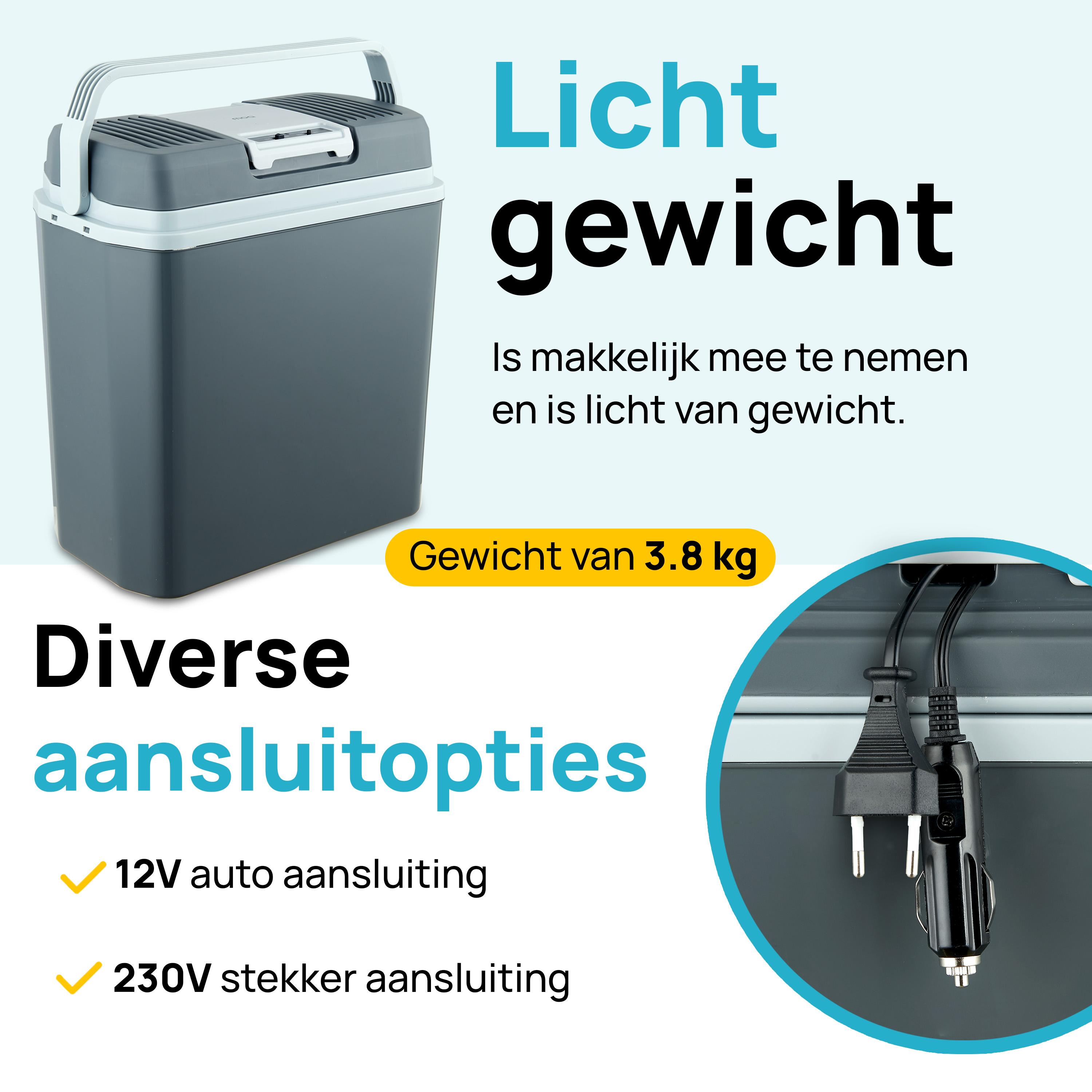 A portable cooler, with text about light weight and connection options.