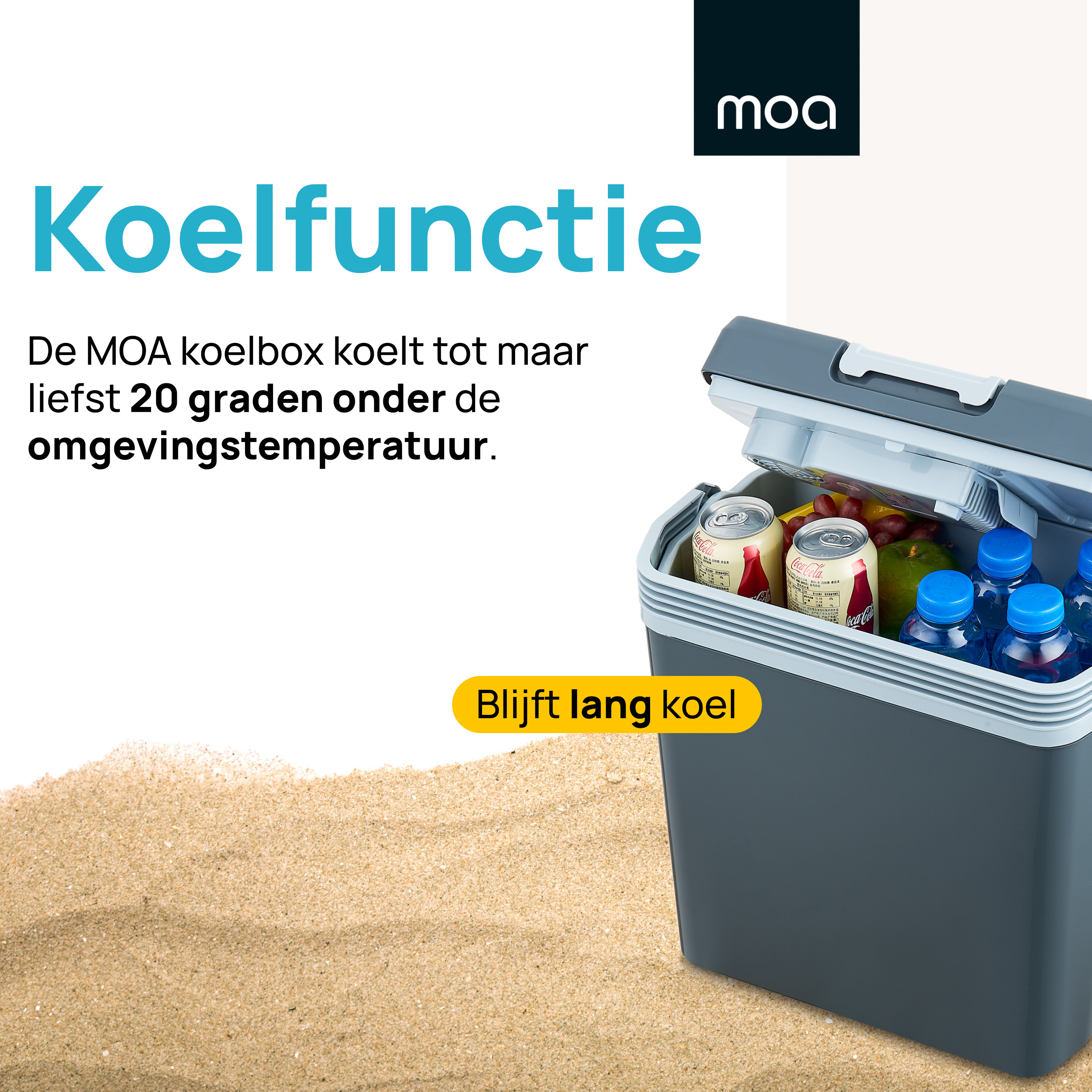 A cooler box with text. The text says, 'The MOA cooler box cools to 20 degrees below ambient temperature.'