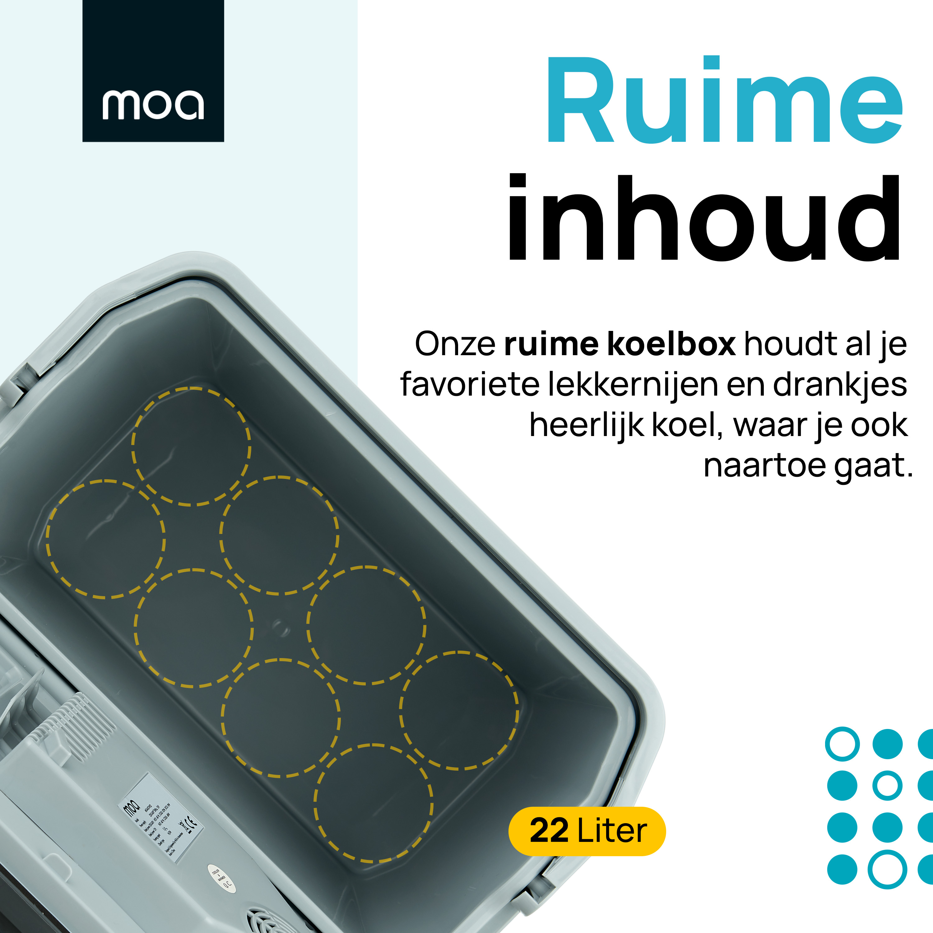 Open cooler with contents and text about spacious content, with a moa logo.