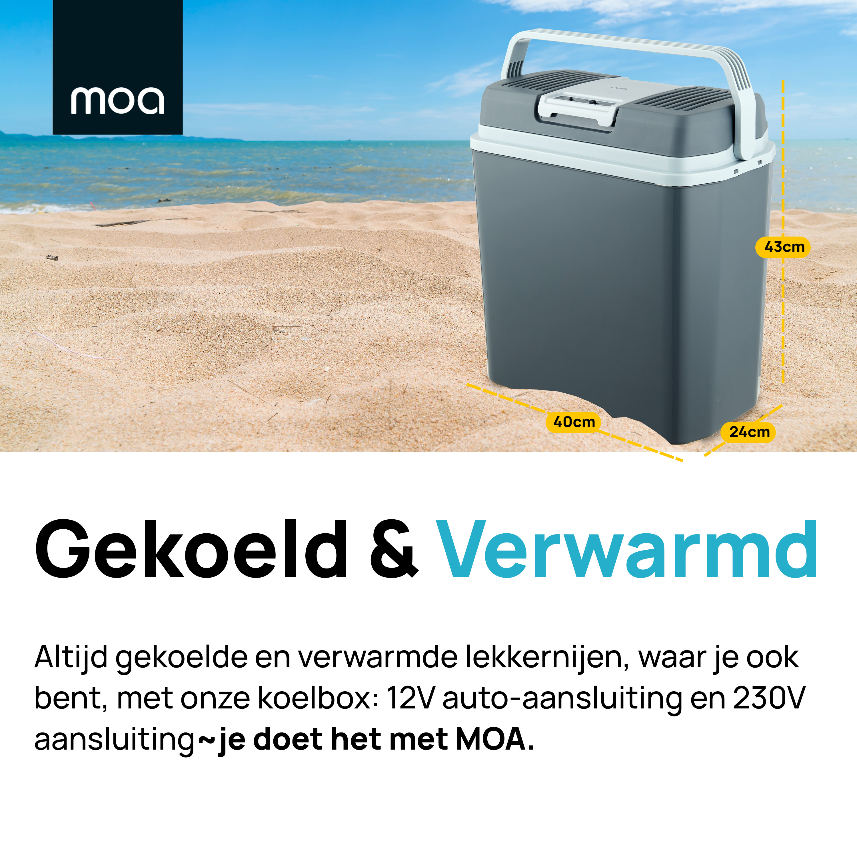 A gray cooler on a sandy beach with text: Gekoeld & Verwarmd (Cooled & Heated).