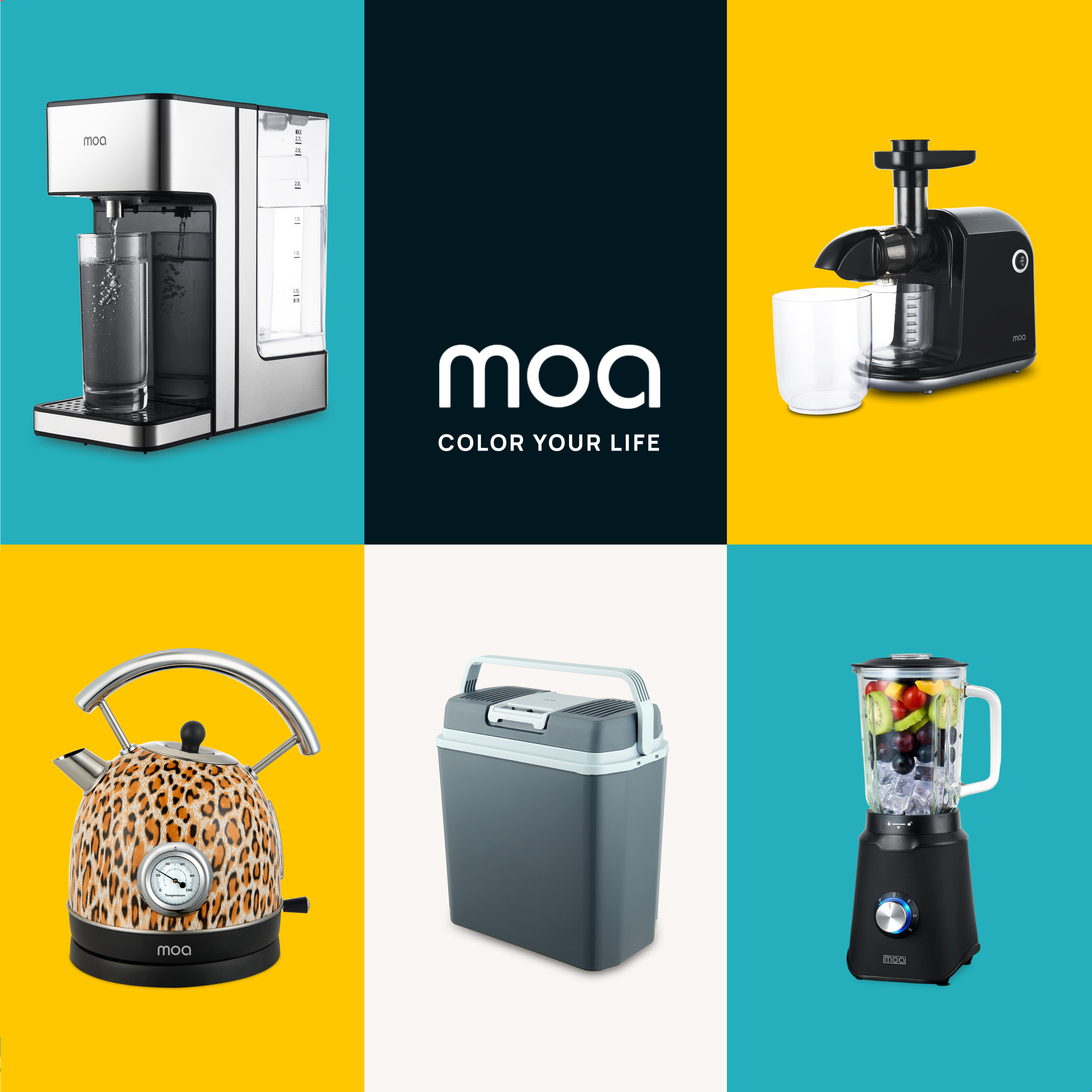 Various MOA appliances: water filter, juicer, kettle, cooler, blender, all on colorful backgrounds.
