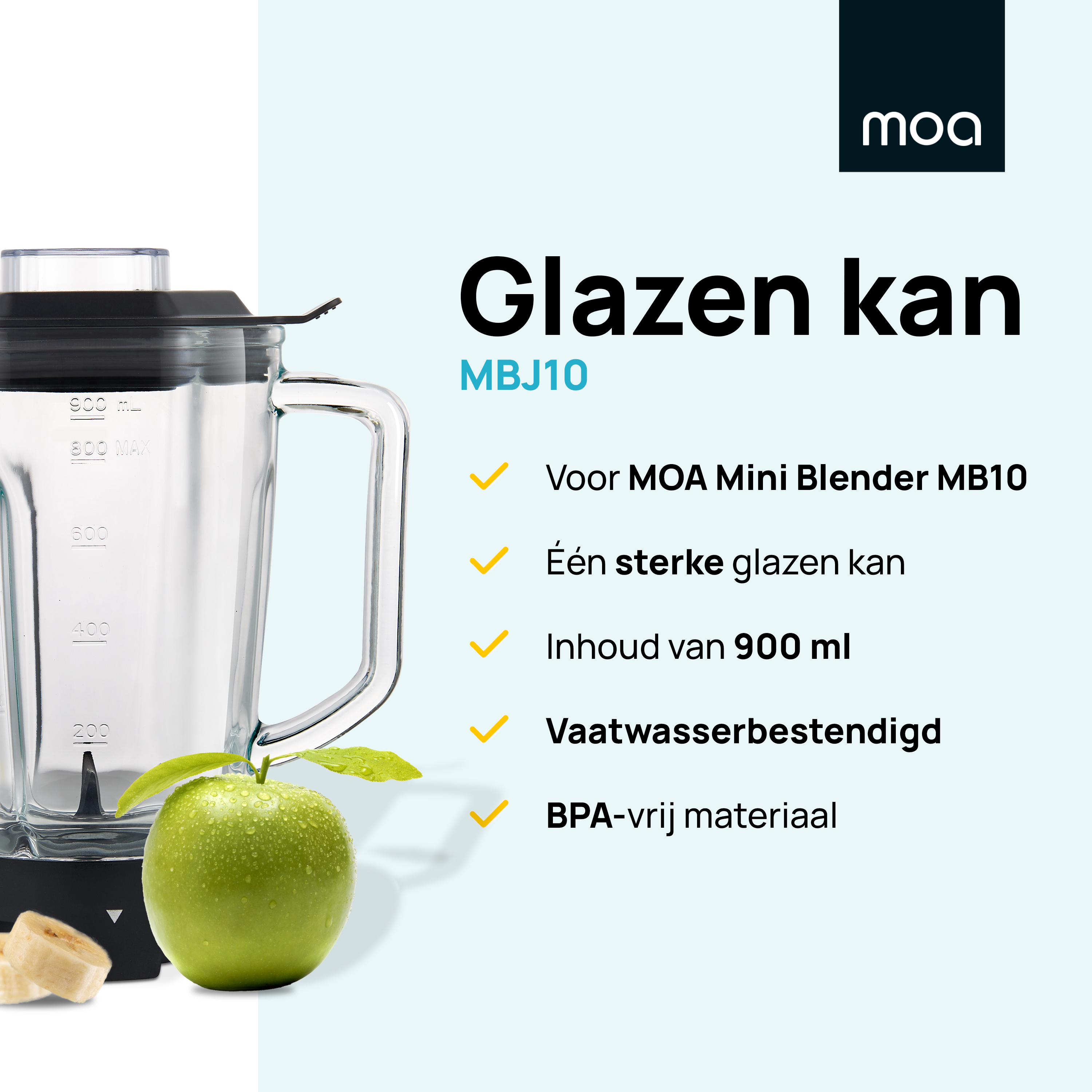A blender glass jar with text mentioning its features and capacity. An apple is next to it.