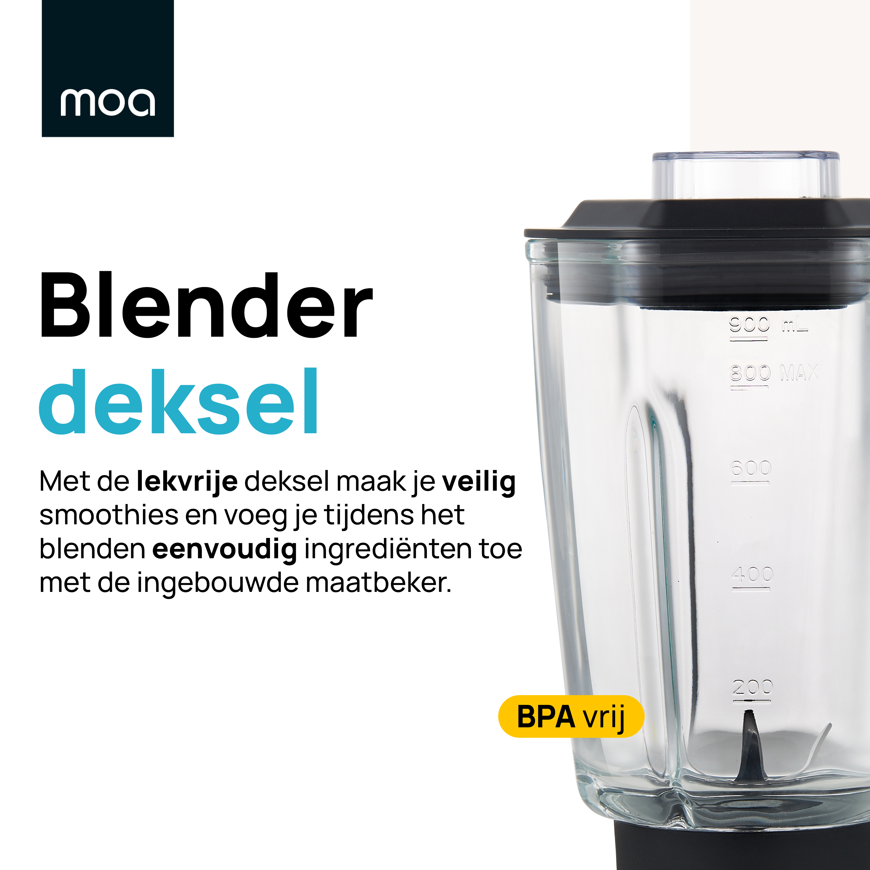 Blender with clear container showing measurements. Text about the leak-proof lid and BPA free.