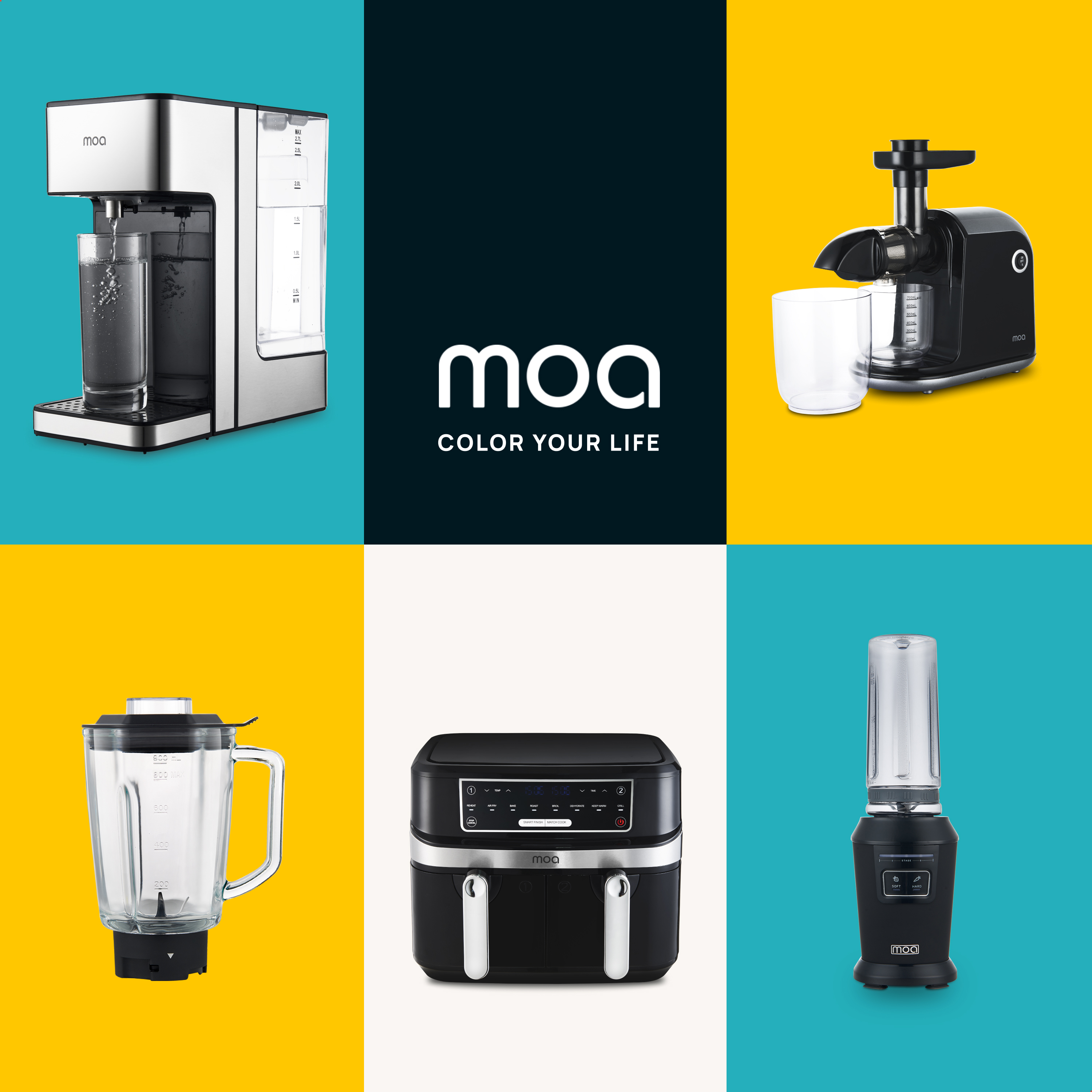 A collage of MOA appliances: a water dispenser, a juicer, a blender, an air fryer, and a personal blender.