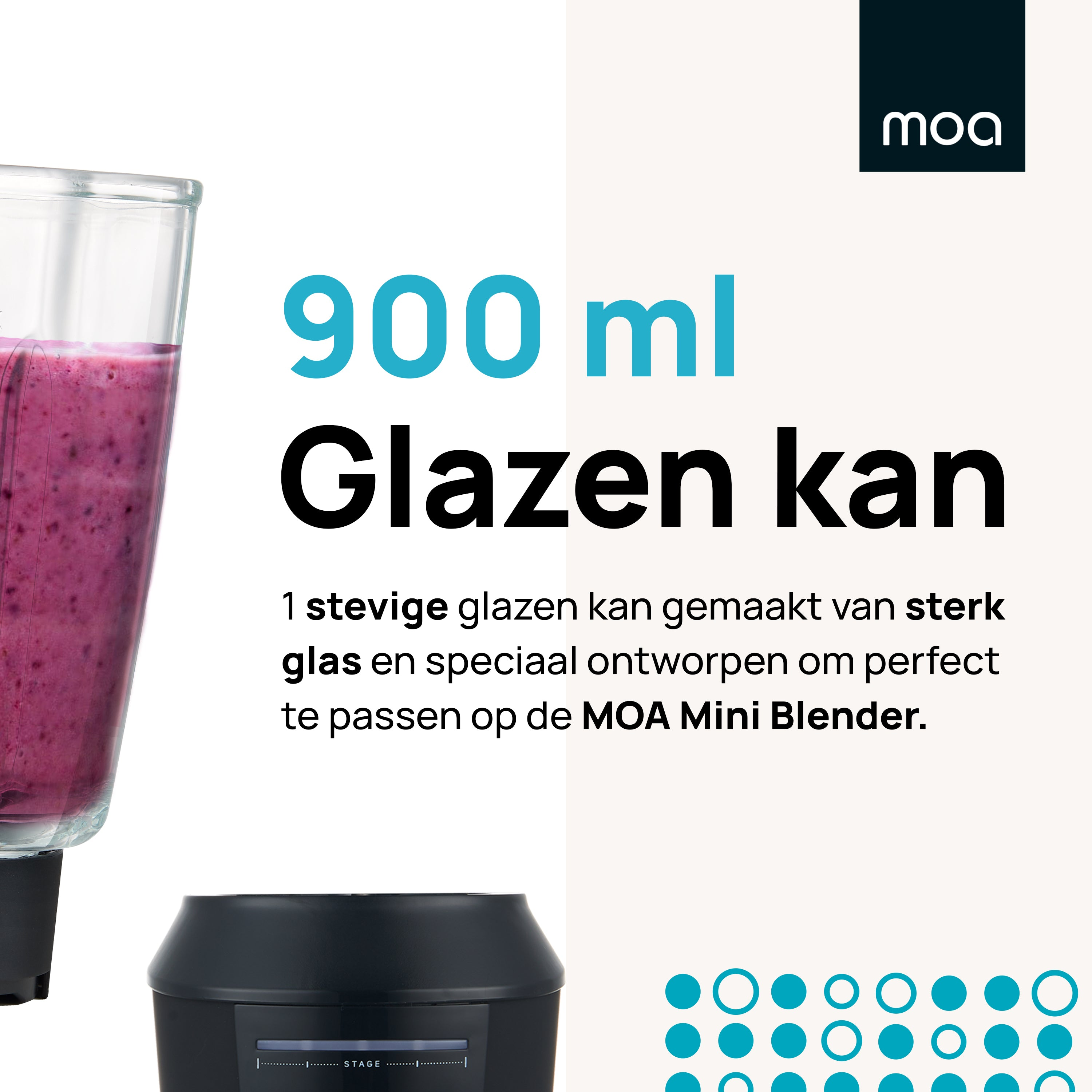 Blender glass with a purple smoothie, with text about the jar's capacity. A black base below.
