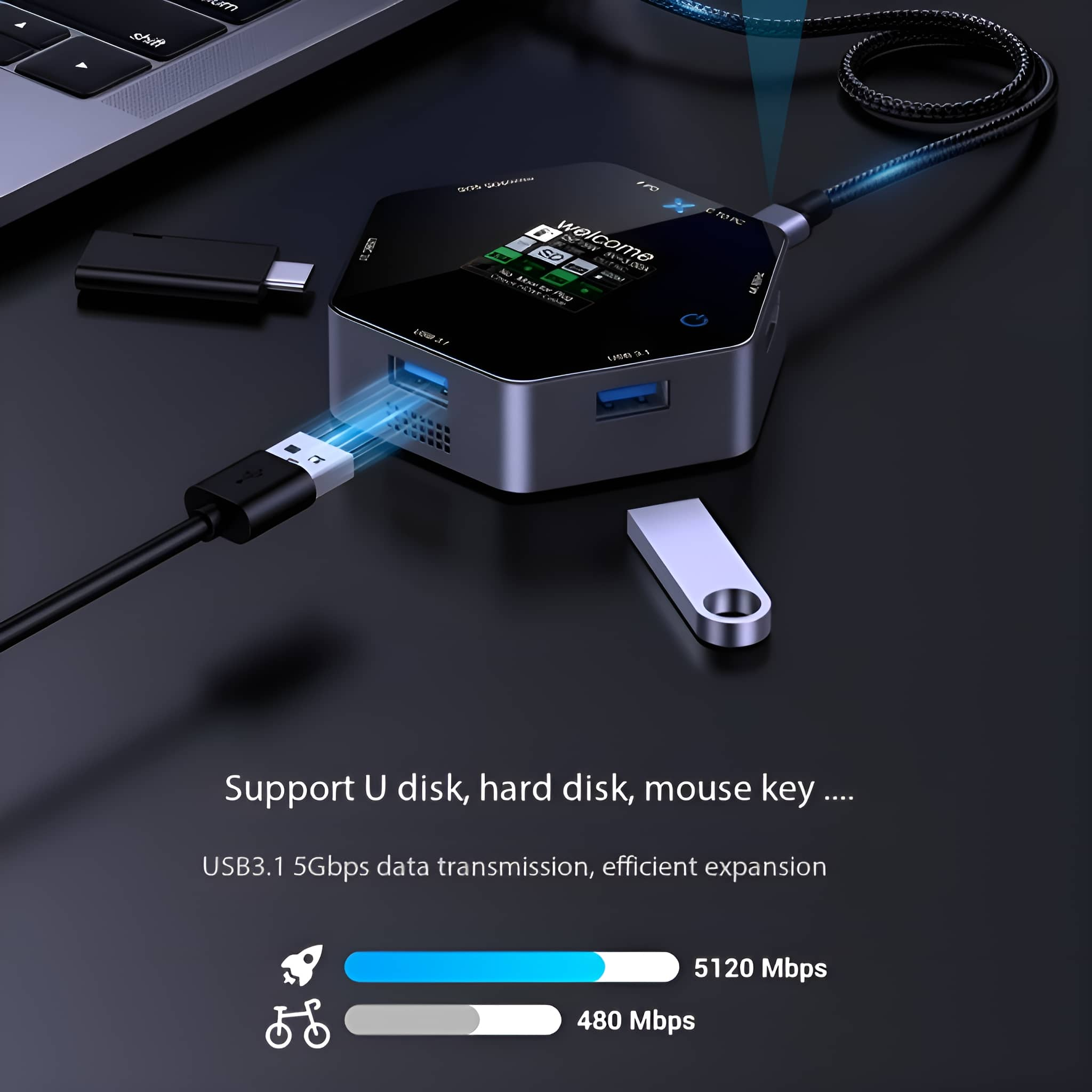 Ein silberner USB-Hub mit mehreren Anschlüssen, verbunden mit einem Laptop, einem USB-Laufwerk und anderen Geräten.