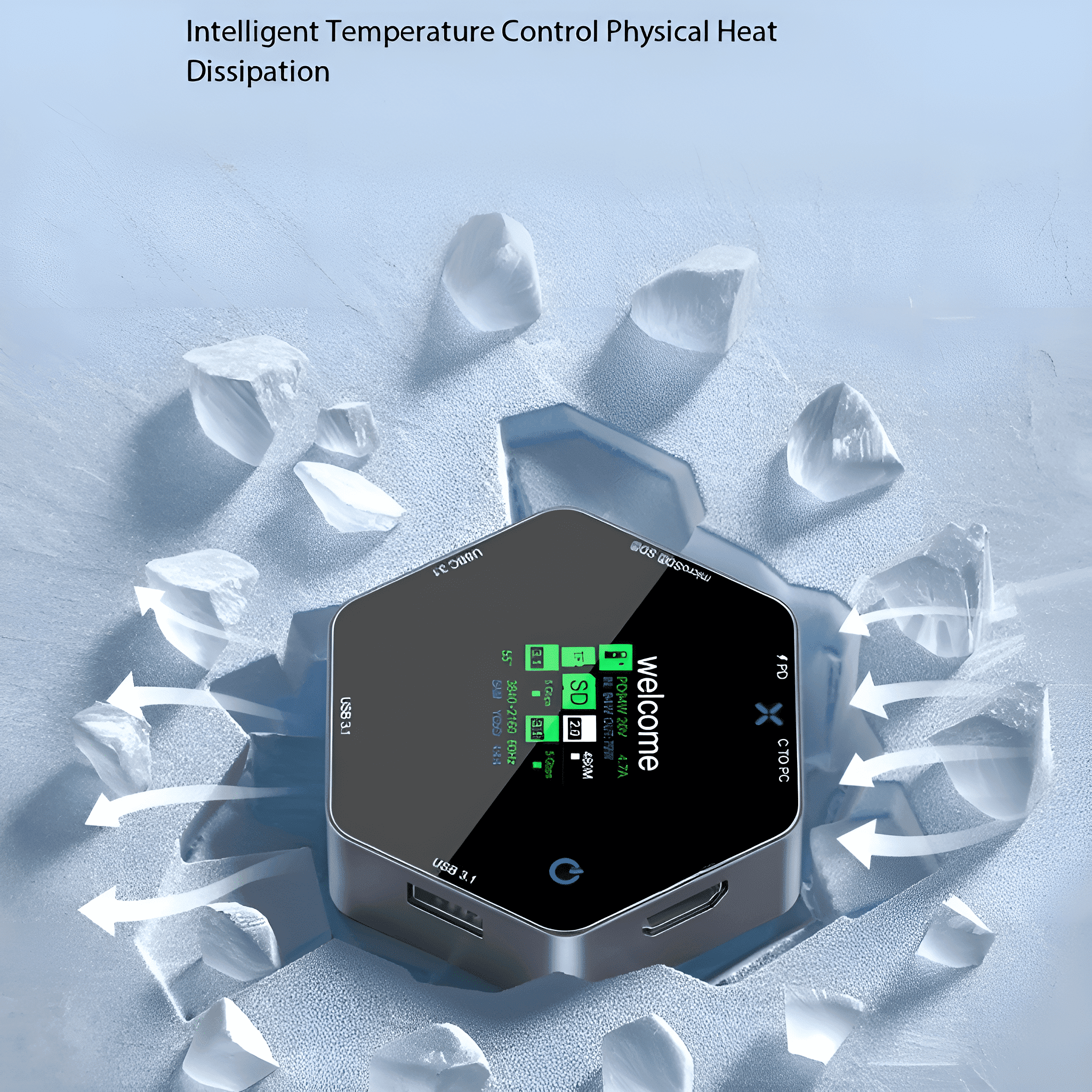 Hexagonales Gerät mit USB- und SD-Anschlüssen, umgeben von Eisscherben, mit Willkommensnachricht.